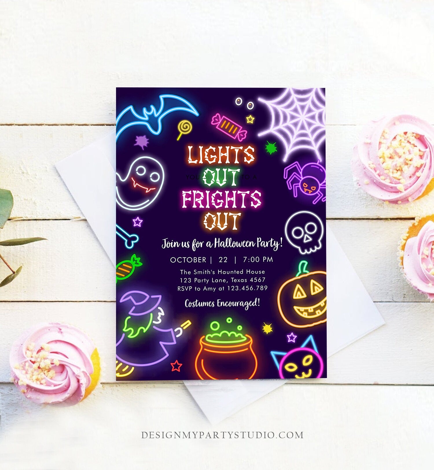 Editable Neon Halloween Party Invitation Costumes And Cocktails Adult Halloween Party Spooktacular Glow in The Dark Download Corjl 0474 0009