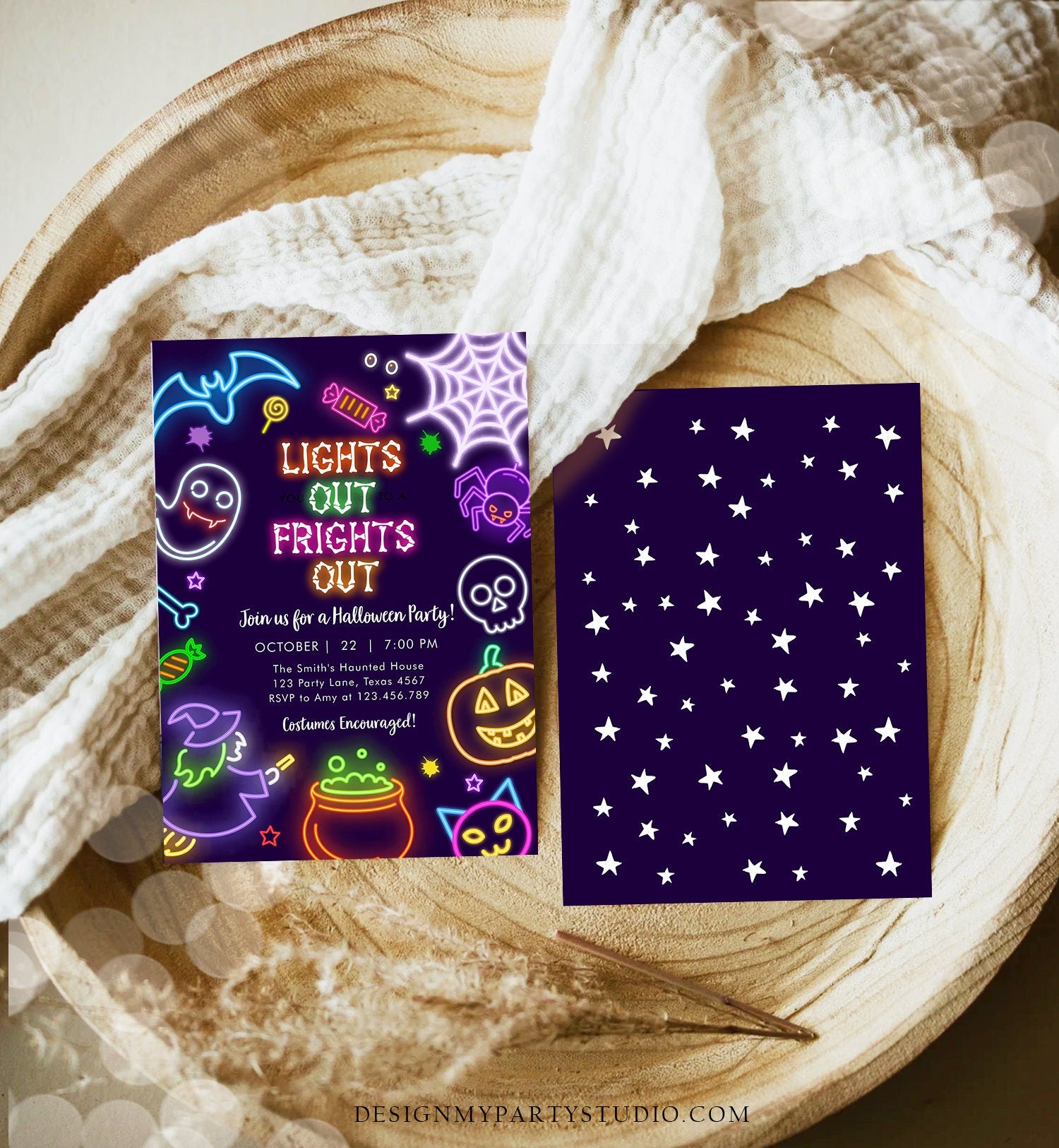 Editable Neon Halloween Party Invitation Costumes And Cocktails Adult Halloween Party Spooktacular Glow in The Dark Download Corjl 0474 0009