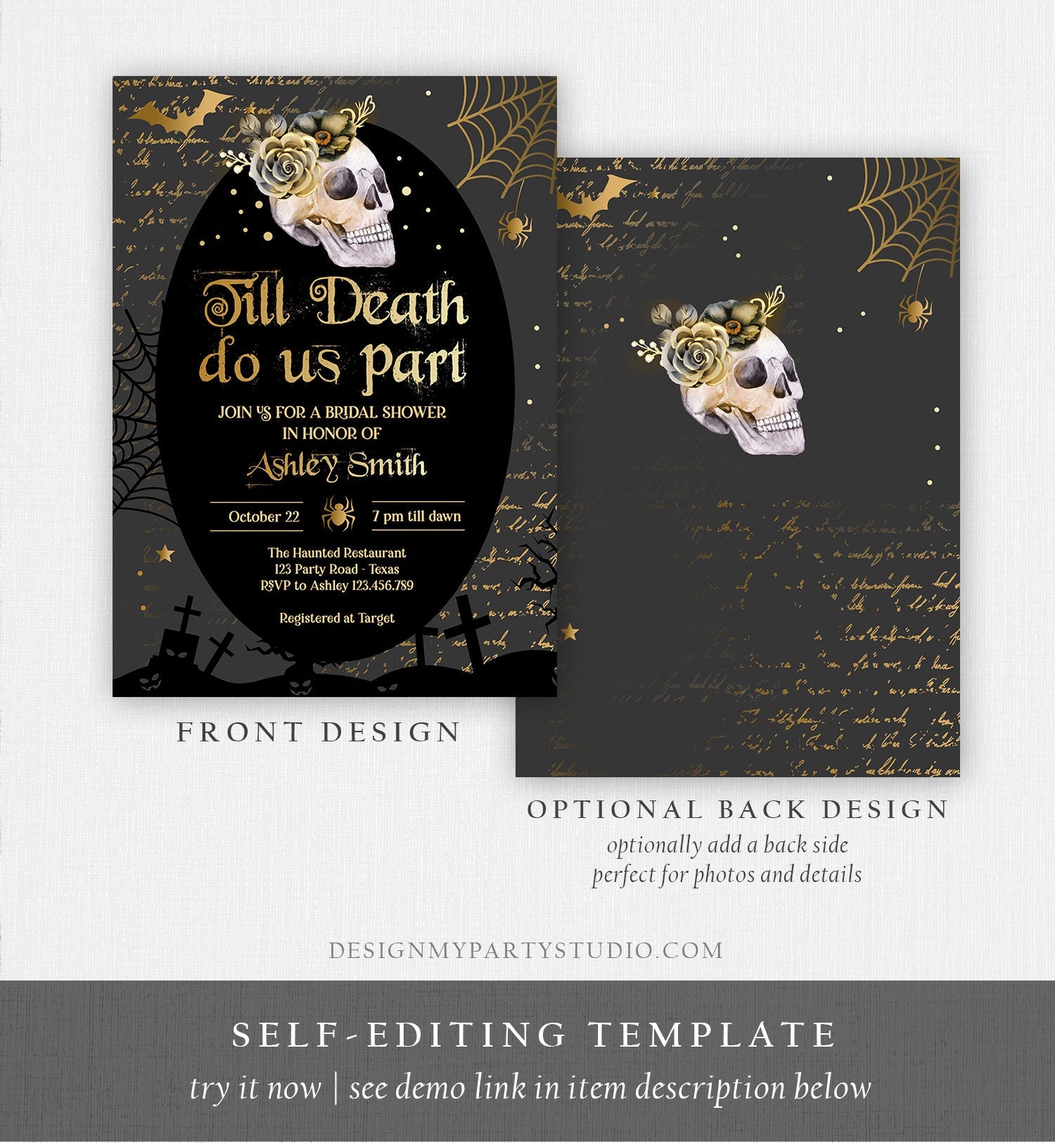 Editable Halloween Bridal Shower Invitation Till Death Do Us Part Gothic Bridal Shower Skull Skeleton Digital Template Printable 0472 0009
