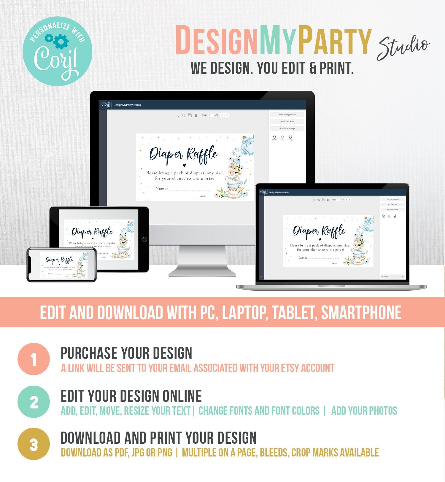 Editable Diaper Raffle Ticket Diaper Game Card Baby is Brewing Baby shower Tea Floral Brunch Blue Boy Digital Template Printable 0349