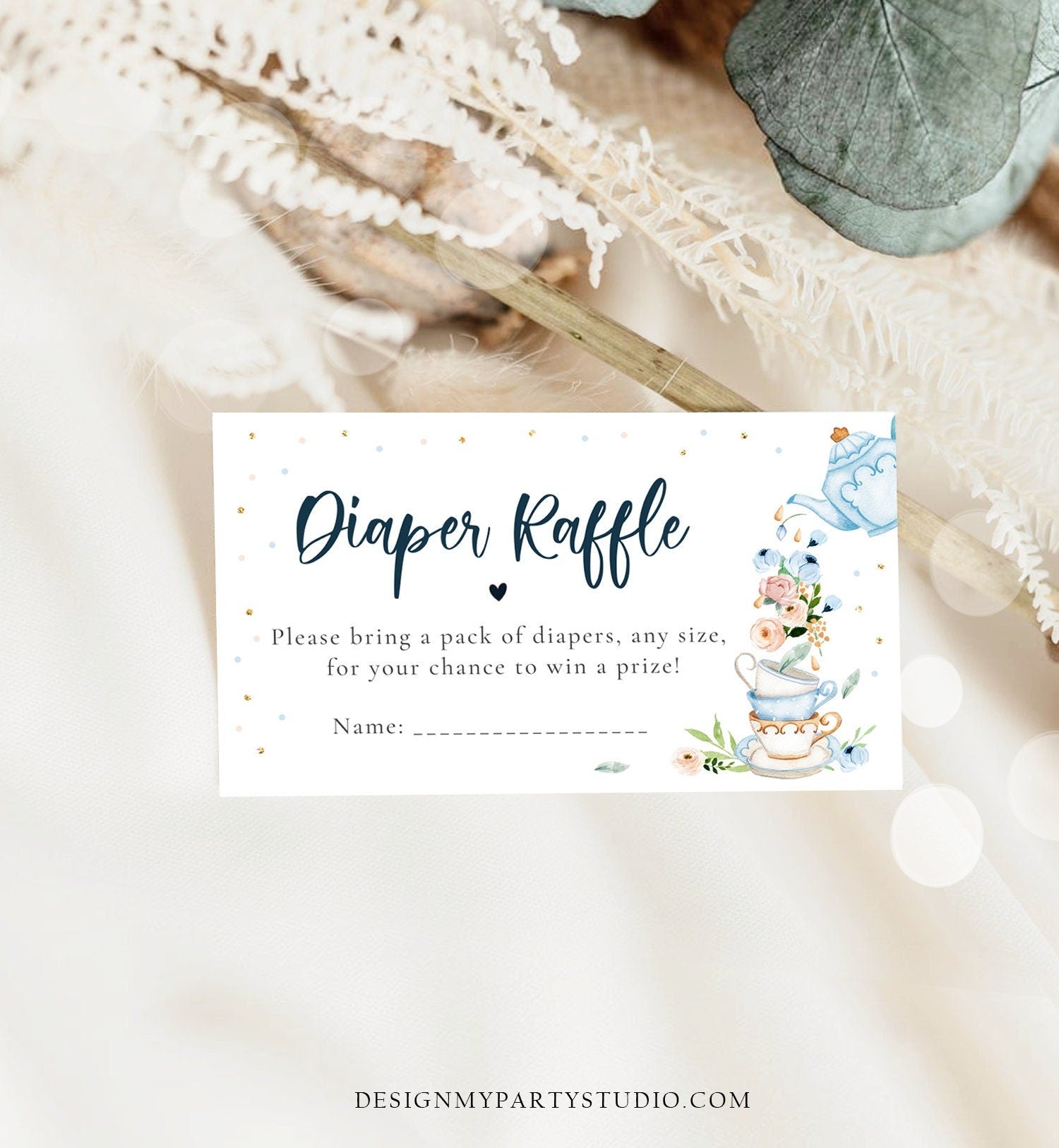 Editable Diaper Raffle Ticket Diaper Game Card Baby is Brewing Baby shower Tea Floral Brunch Blue Boy Digital Template Printable 0349