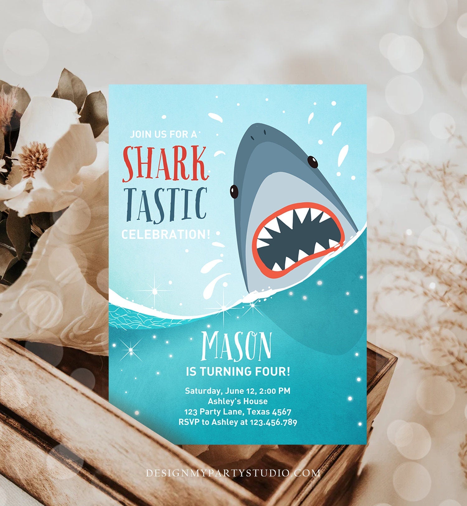 Editable Shark Birthday Invitation Shark Invitation Fintastic Shark Party SharkTastic Celebration Boy Download Printable Template Corjl 0089