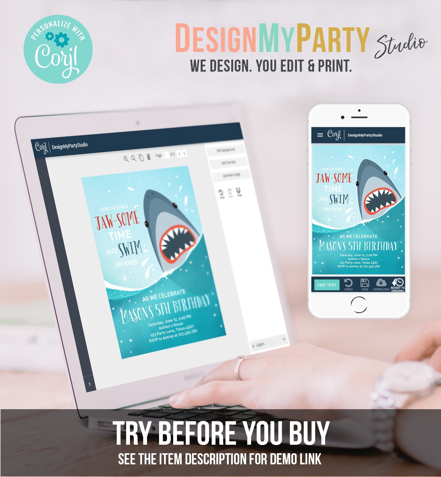 Editable Shark Birthday Invitation Shark Invitation Fintastic Shark Party Shark JawSome Under The Sea Download Printable Template Evite 0089