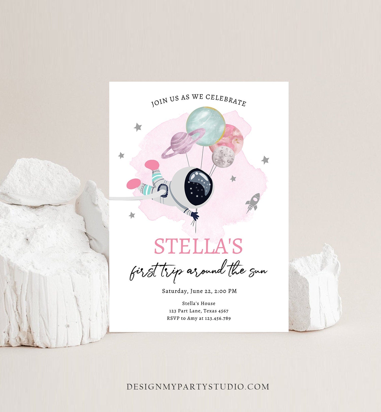 Editable Outer Space Birthday Invitation Girl Pink Galaxy Astronaut Trip Around the Sun Download Printable Template Digital Evite 0366