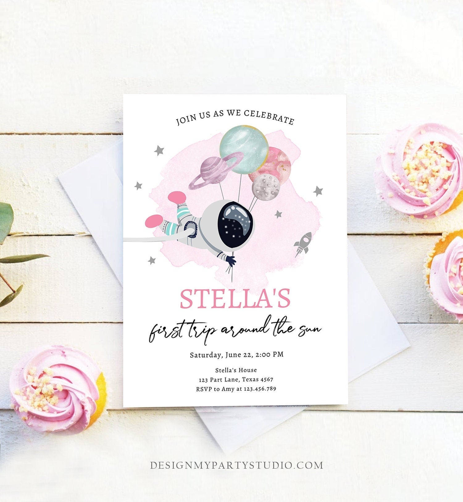 Editable Outer Space Birthday Invitation Girl Pink Galaxy Astronaut Trip Around the Sun Download Printable Template Digital Evite 0366