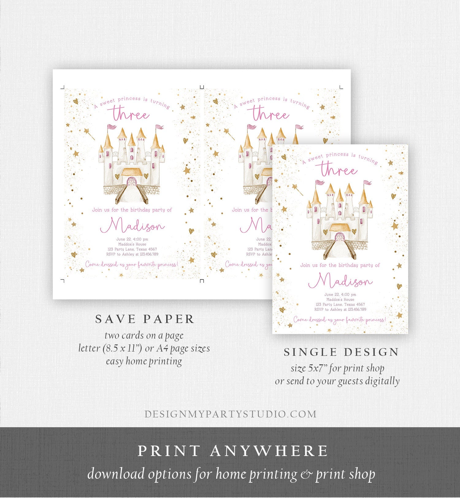 Editable Princess Castle Third Birthday Invitation Once Upon a Time Princess Royal Girl Magical Celebration Digital Template Printable 0477