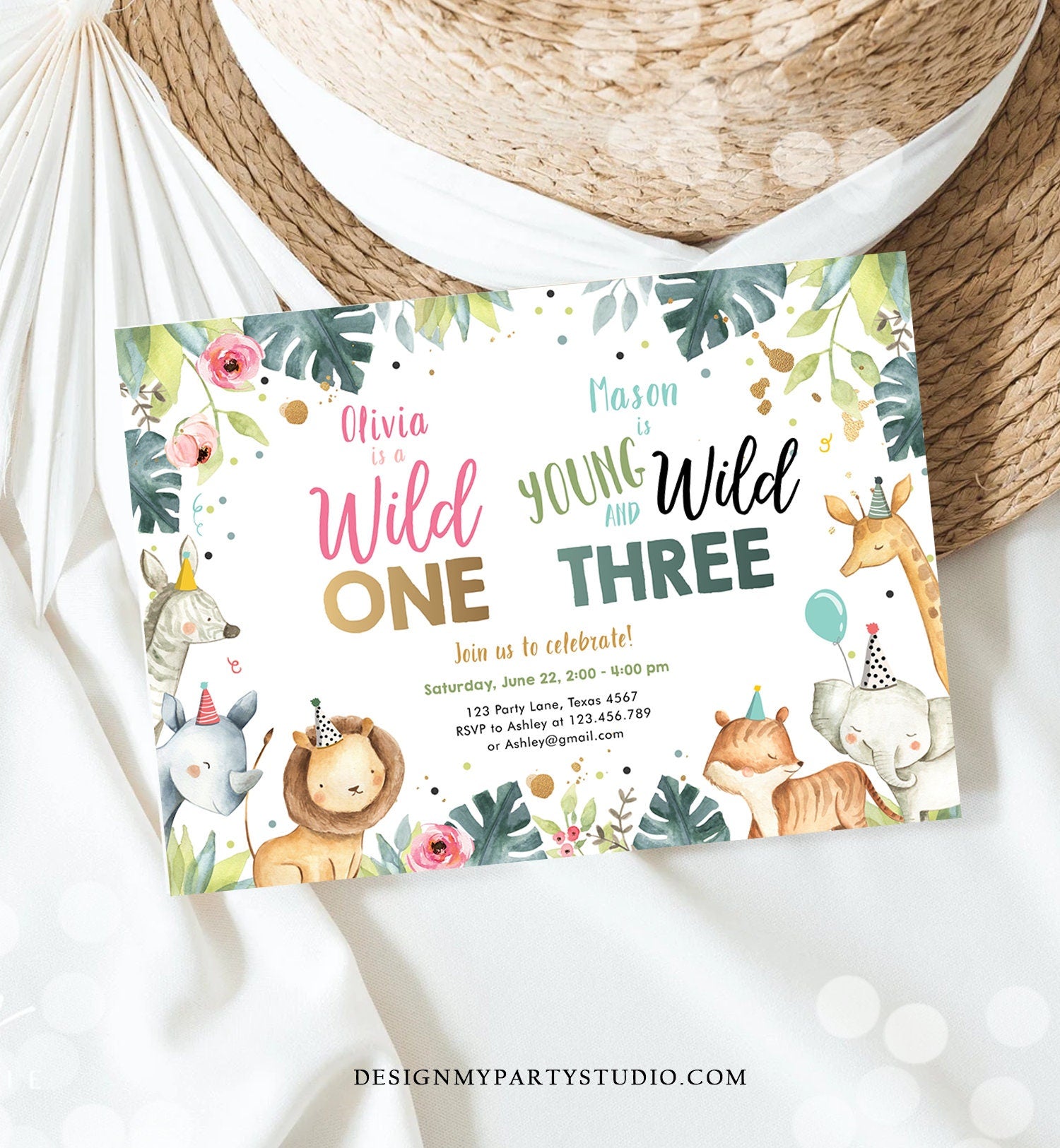 Editable Safari Animals Joint Birthday Invitation Boy Girl Wild One and Three Combined Party Zoo Wild and Three Template Digital Corjl 0163
