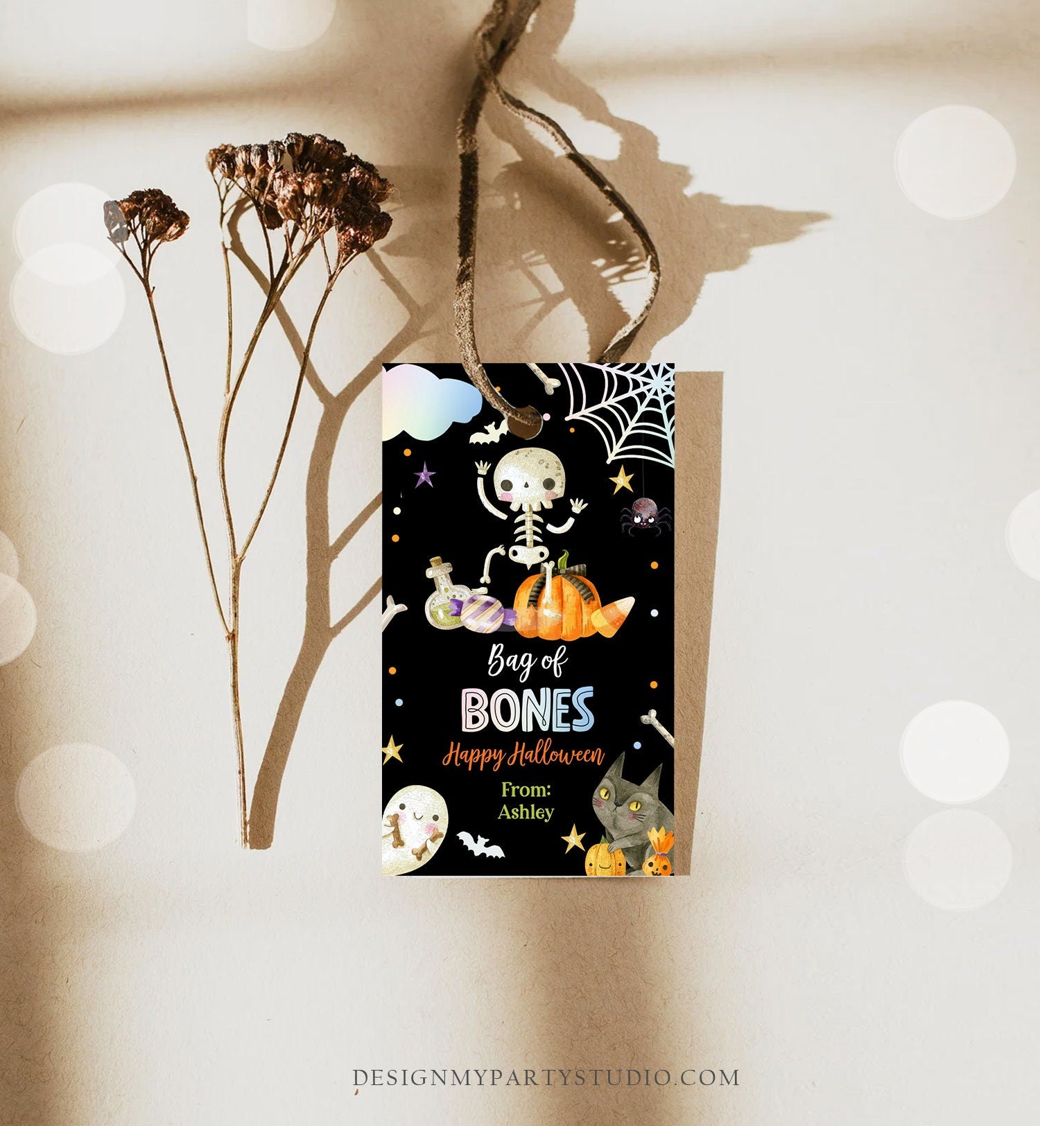 Editable Halloween Gift Tag Skeleton Gift Tags Trick Or Treat Halloween School Treat Bag of Bones Digital Download Template Printable 0261