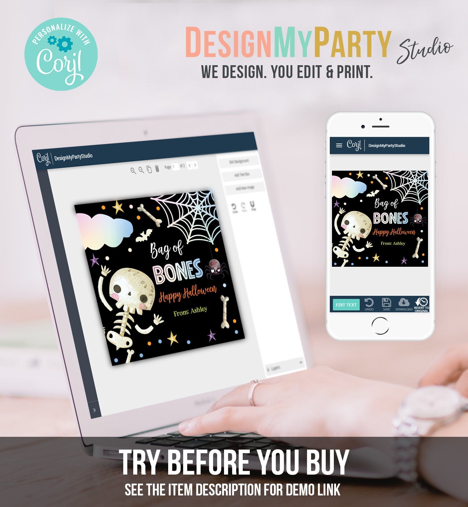 Editable Halloween Gift Tag Skeleton Sticker Trick Or Treat Halloween School Treat Bag of Bones Tag Digital Download Template Printable 0261