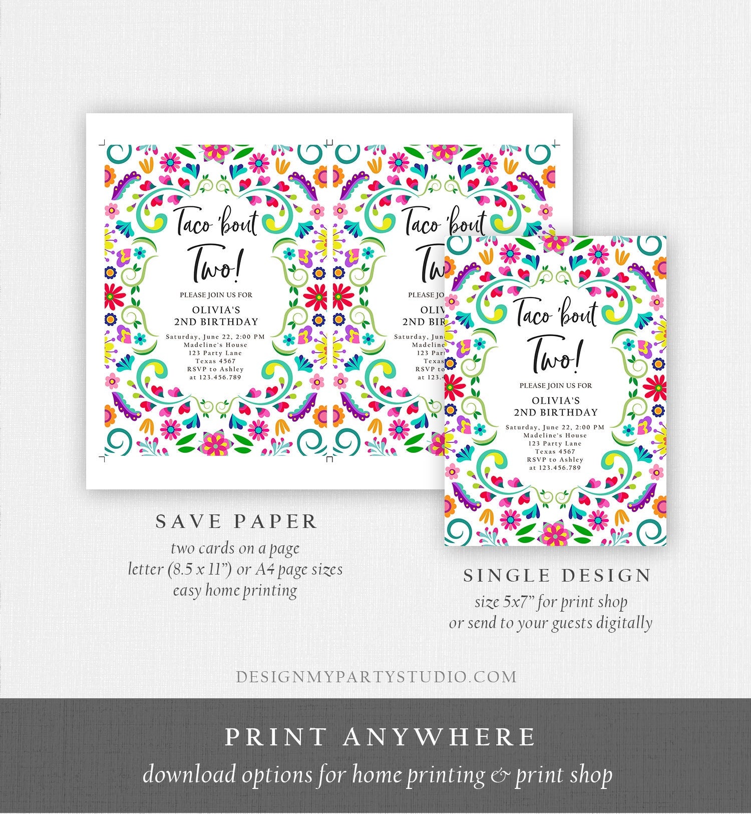 Editable Taco Bout Two Birthday Invitation ANY AGE Girl Boy Floral Fiesta Mexican Second Birthday Download Printable Corjl Template 0466