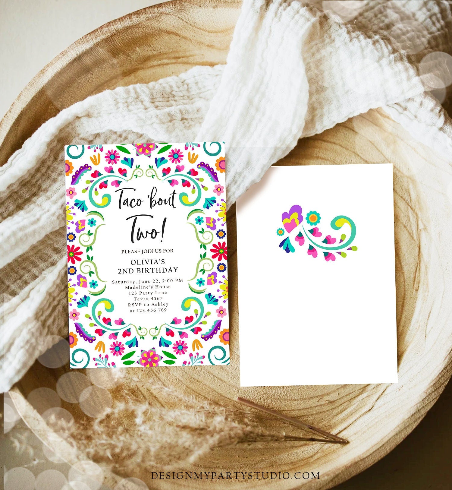 Editable Taco Bout Two Birthday Invitation ANY AGE Girl Boy Floral Fiesta Mexican Second Birthday Download Printable Corjl Template 0466