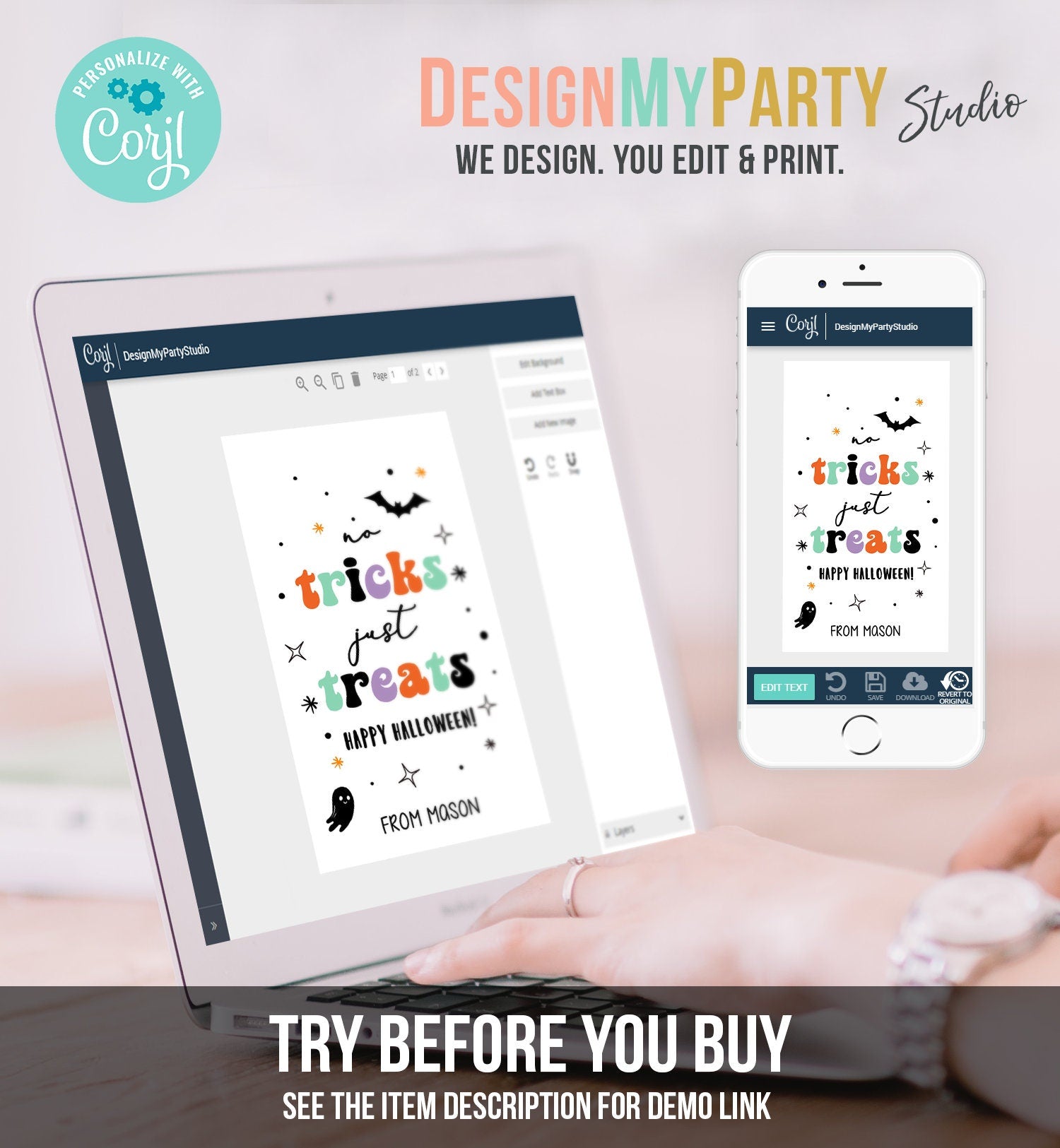 Editable Halloween Gift Tag No Tricks Just Treats Halloween Favor Treat Tag Trick Or Treat Kids Digital Download Template Printable 0261