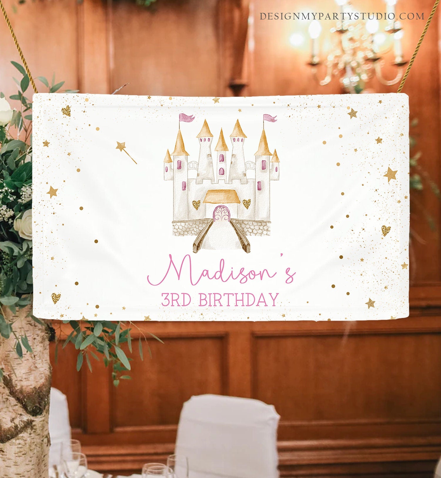 Editable Princess Castle Birthday Backdrop Royal Birthday Girl Pink Magical Celebration Decor Digital Download Template Printable 0477