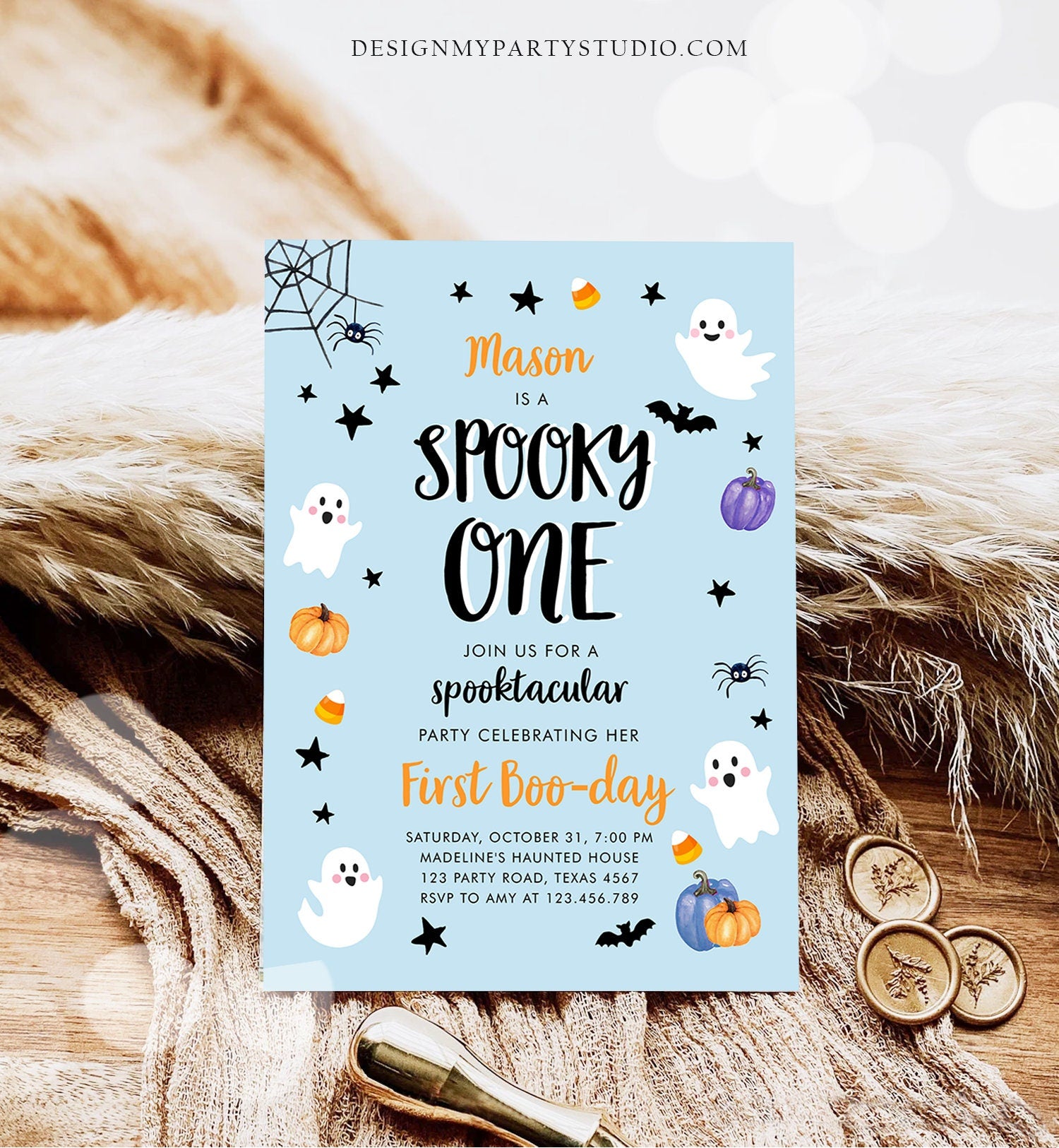Editable Halloween 1st Birthday Invitation Boy Blue Ghost Costume Party Kids Spooky One First Download Printable Template Corjl 0009 0418