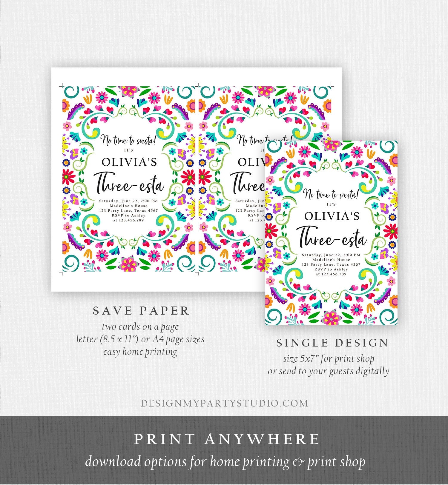 Editable Fiesta Invitation Three-esta Birthday Mexican Party Cactus Mexico Floral Girl Kids 3rd Printable Invitation Template Corjl 0466