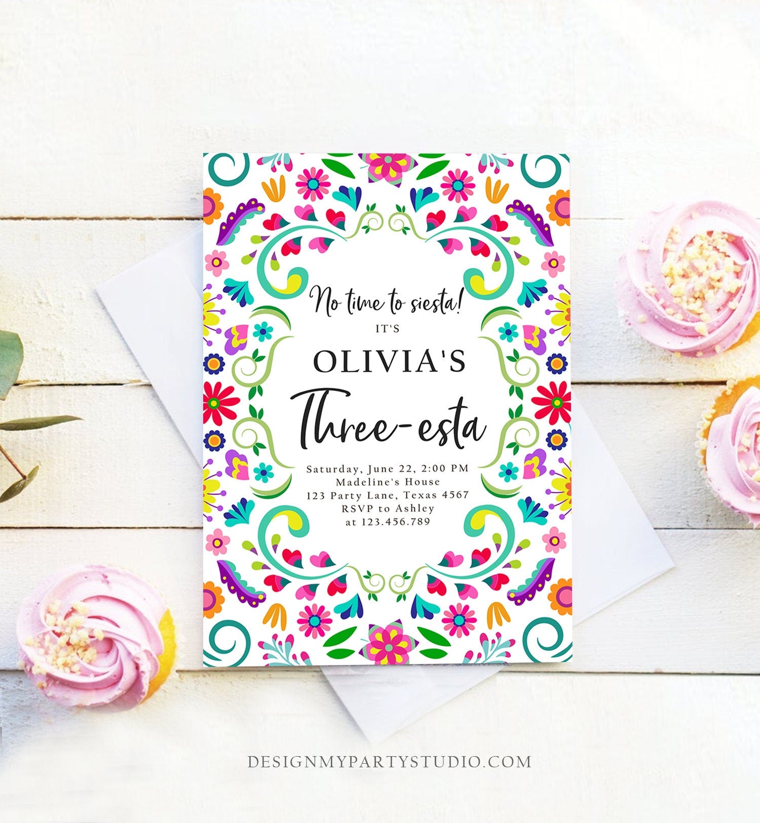 Editable Fiesta Invitation Three-esta Birthday Mexican Party Cactus Mexico Floral Girl Kids 3rd Printable Invitation Template Corjl 0466
