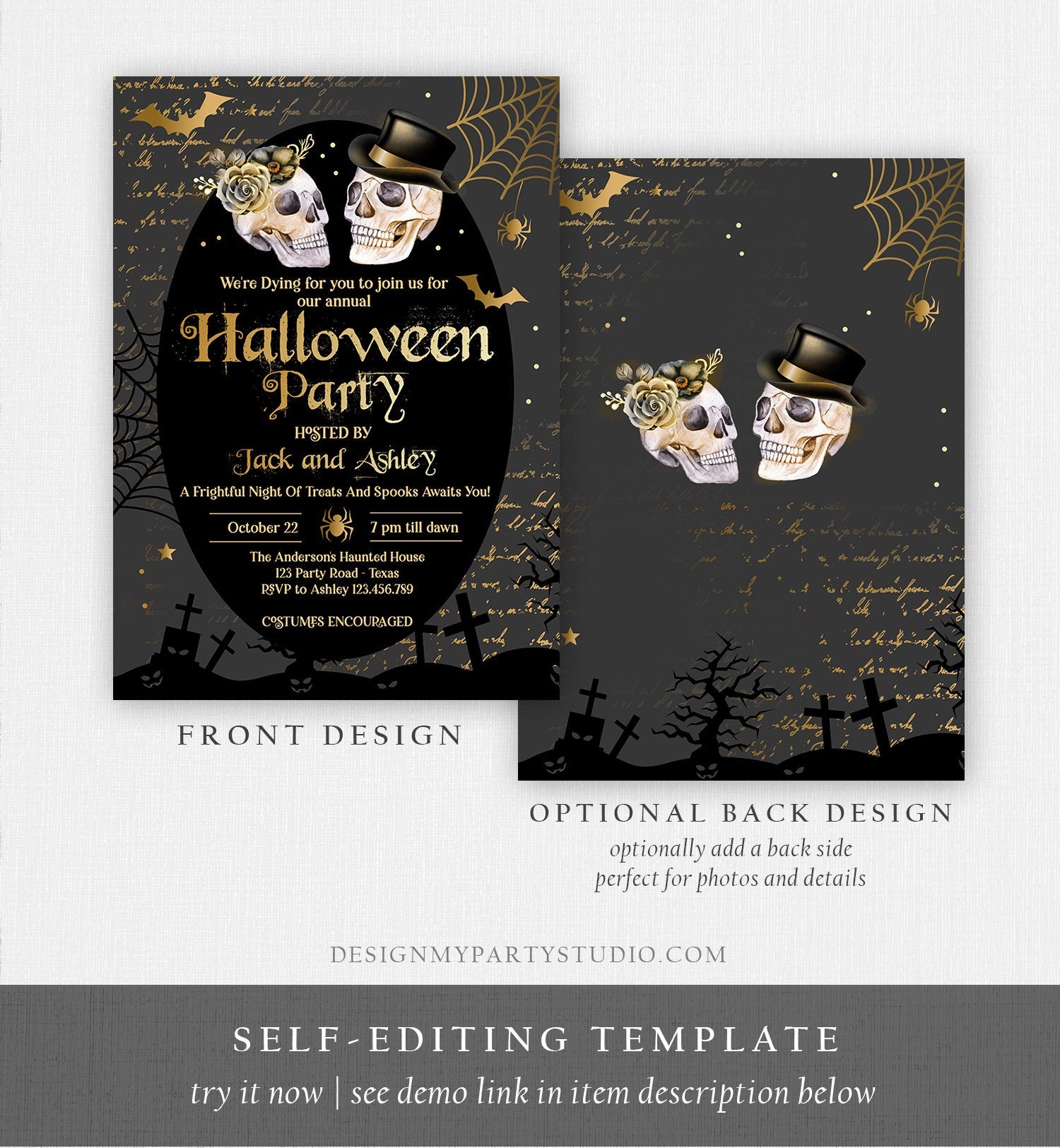 Editable Costumes And Cocktails Halloween Party Invitation Adult Halloween Party Boos or Brews Vintage Gothic Party Download Corjl 0472 0009
