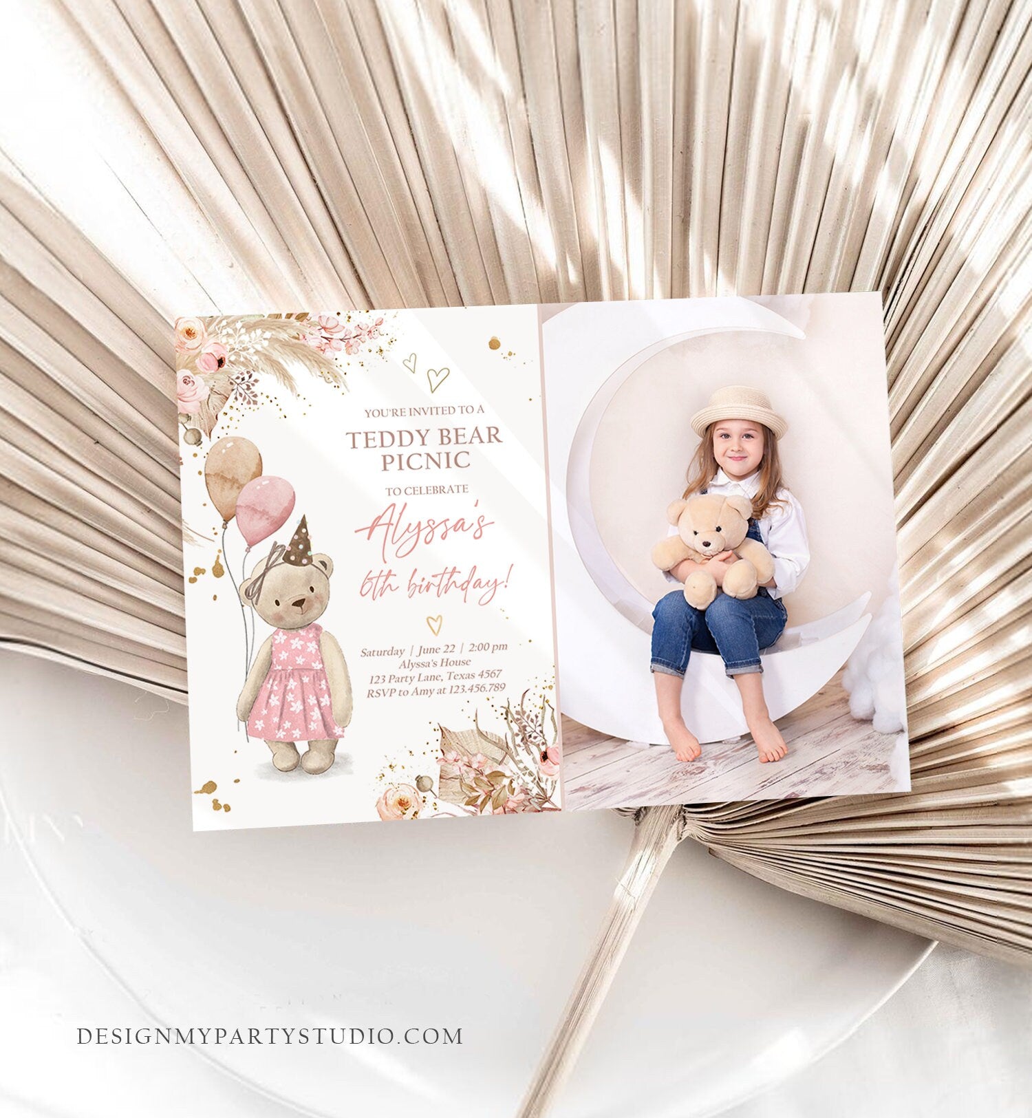 Editable Teddy Bear Picnic Birthday Invitation Girl Pink Boho Bear Picnic Summer Outdoor Party Printable Digital Template Printable 0421