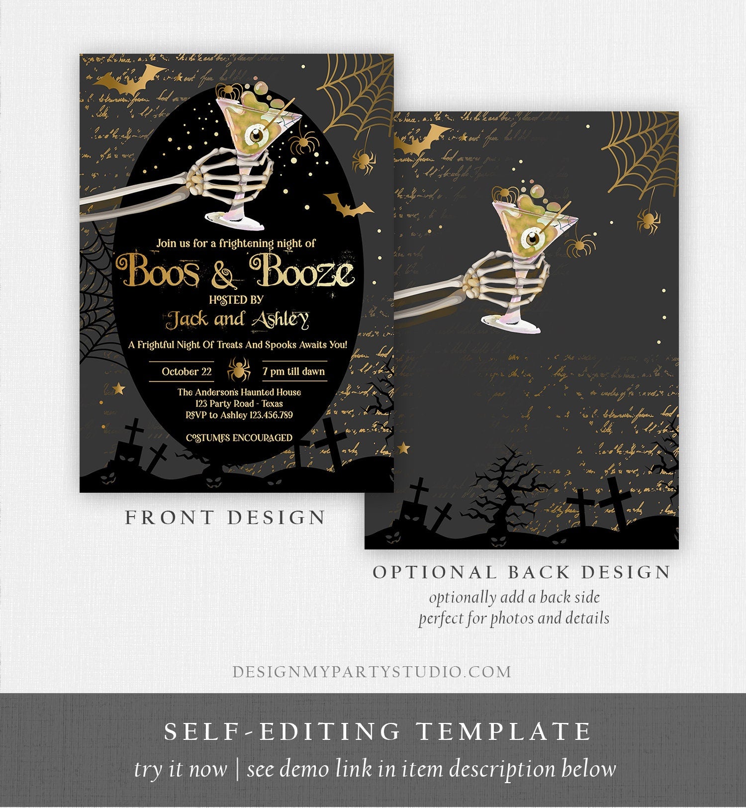 Editable Boos & Booze Halloween Party Invitation Adult Halloween Invite Brews Vintage Gothic Costumes and Cocktails Download Corjl 0472 0009