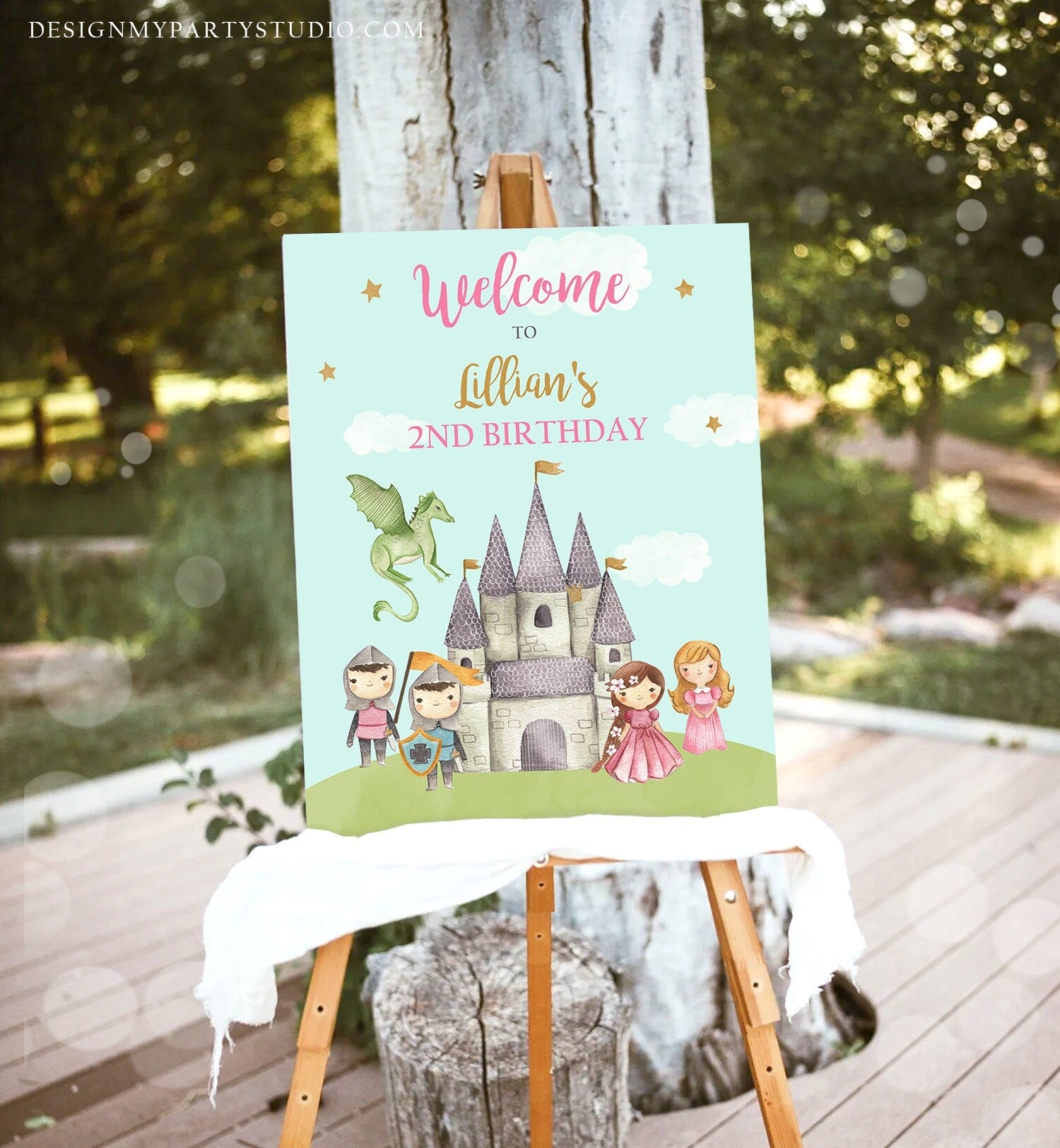 Editable Princess and Knight Birthday Welcome Sign Girl Dual Joint Boy Girl Royal Castle Pink Gold Dragon Digital Template Printable 0171