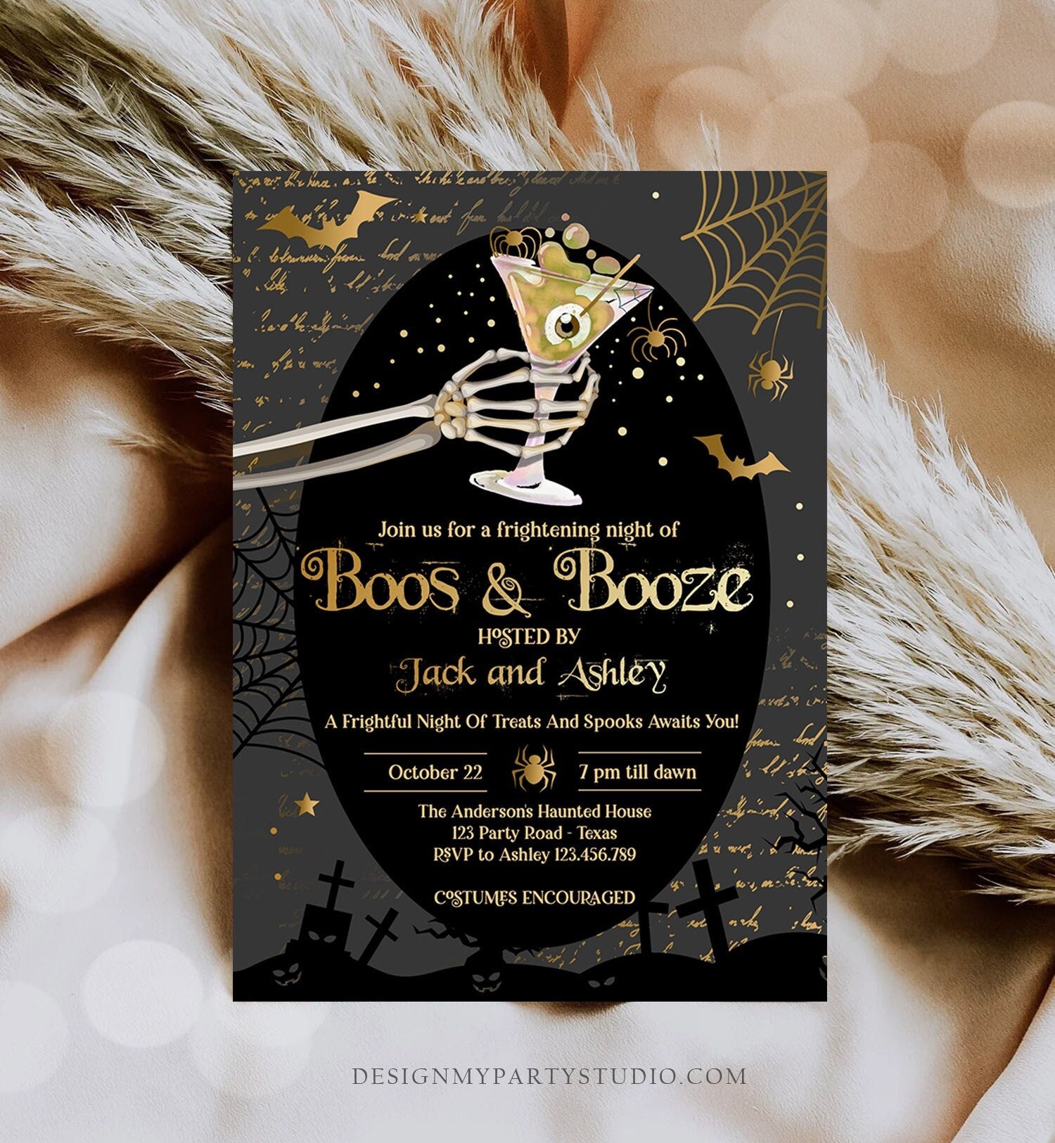 Editable Boos & Booze Halloween Party Invitation Adult Halloween Invite Brews Vintage Gothic Costumes and Cocktails Download Corjl 0472 0009