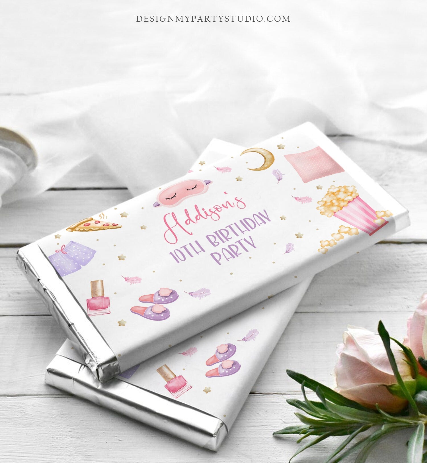 Editable Sleepover Chocolate Bar Labels Candy Bar Wrapper Slumber Party Spa Girl Pink Movie Night Digital Download Template Printable 0447