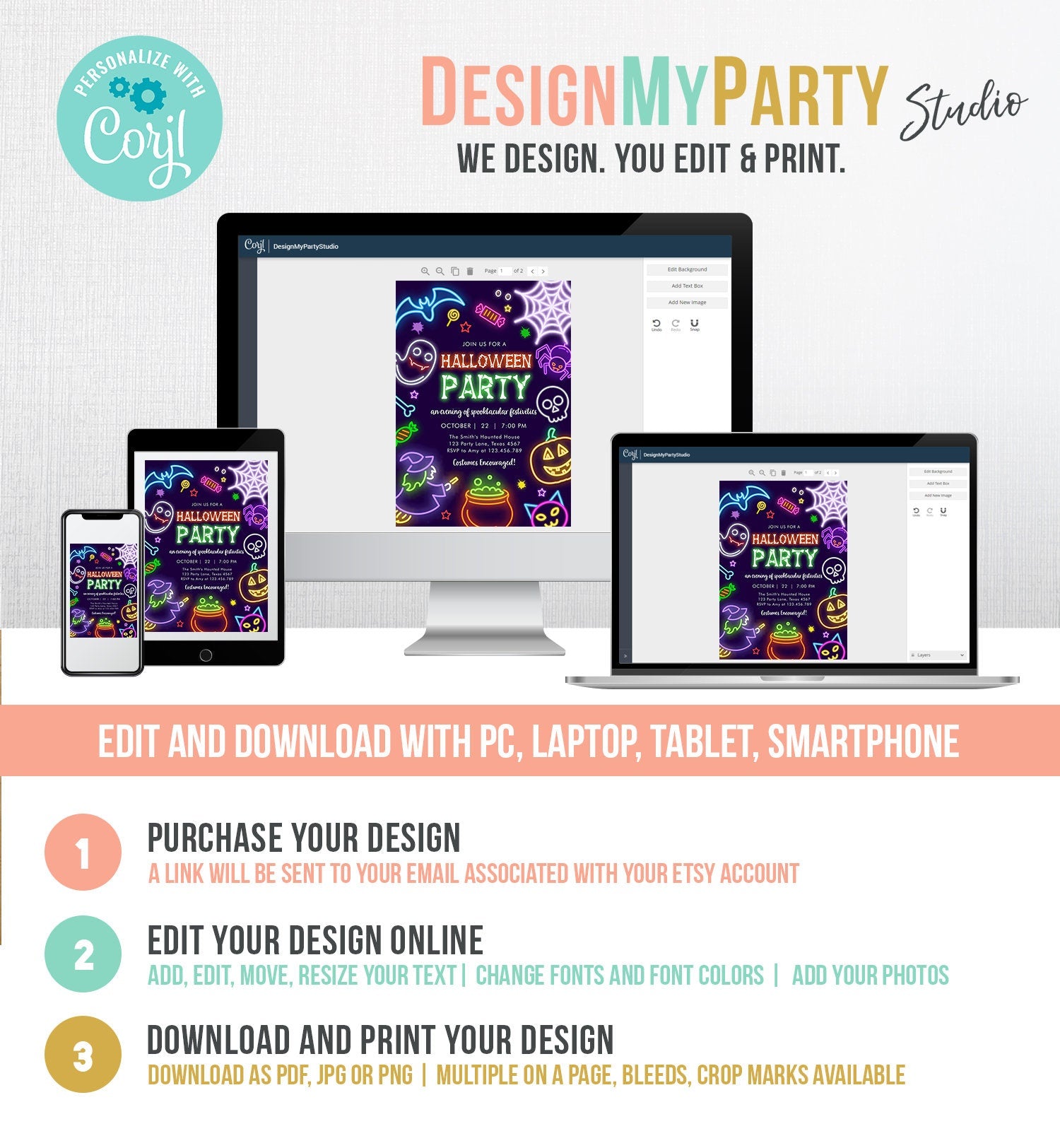 Editable Neon Halloween Party Invitation Costumes And Cocktails Adult Halloween Party Spooktacular Boos Or Brews Download Corjl 0474 0009