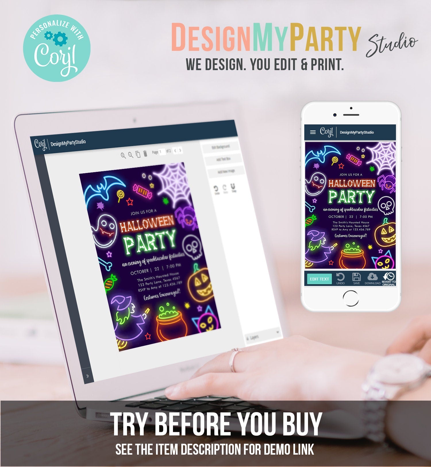 Editable Neon Halloween Party Invitation Costumes And Cocktails Adult Halloween Party Spooktacular Boos Or Brews Download Corjl 0474 0009