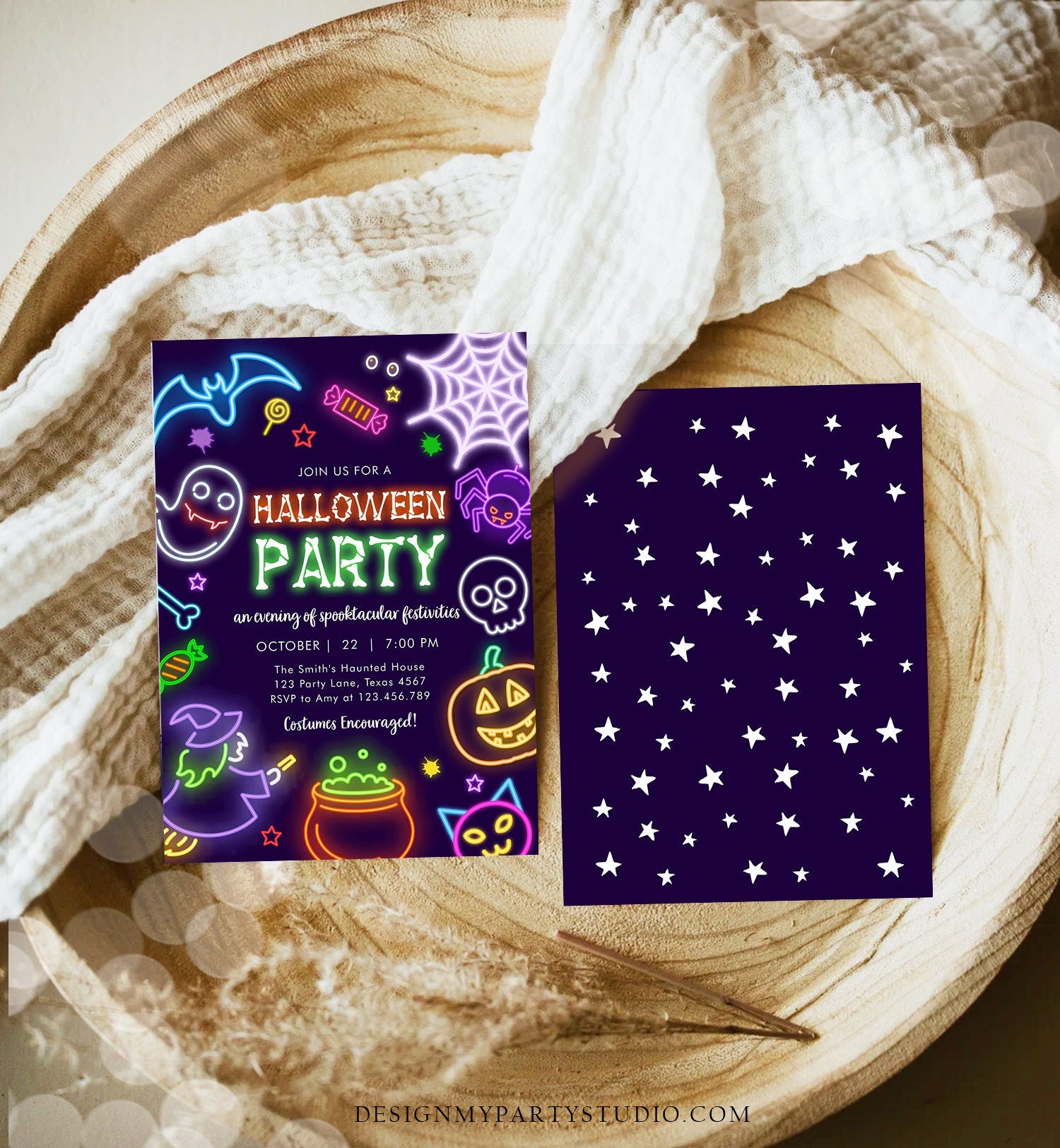 Editable Neon Halloween Party Invitation Costumes And Cocktails Adult Halloween Party Spooktacular Boos Or Brews Download Corjl 0474 0009