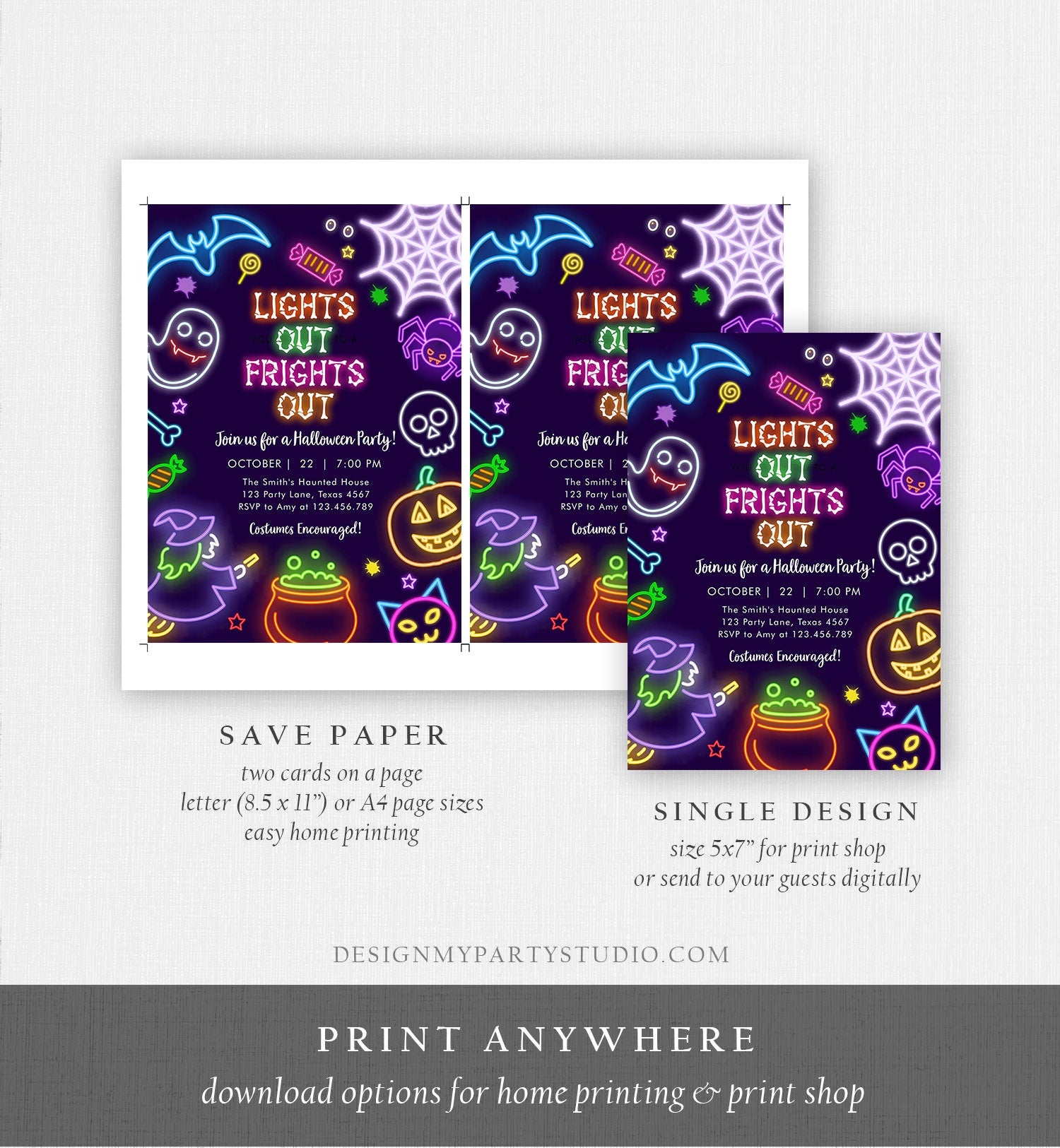 Editable Neon Halloween Party Invitation Costumes And Cocktails Adult Halloween Party Spooktacular Glow in The Dark Download Corjl 0474 0009