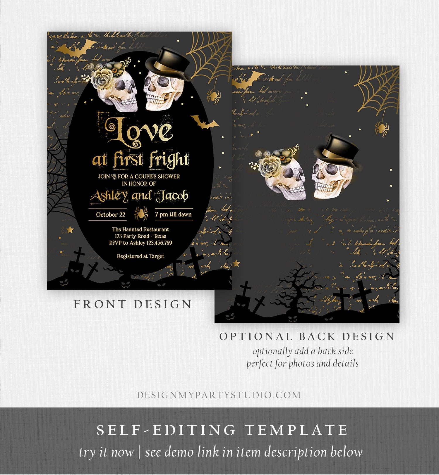 Editable Halloween Couples Shower Invitation Love at First Fright Gothic Bridal Shower Fall Skull Engagement Download Corjl 0472 0009