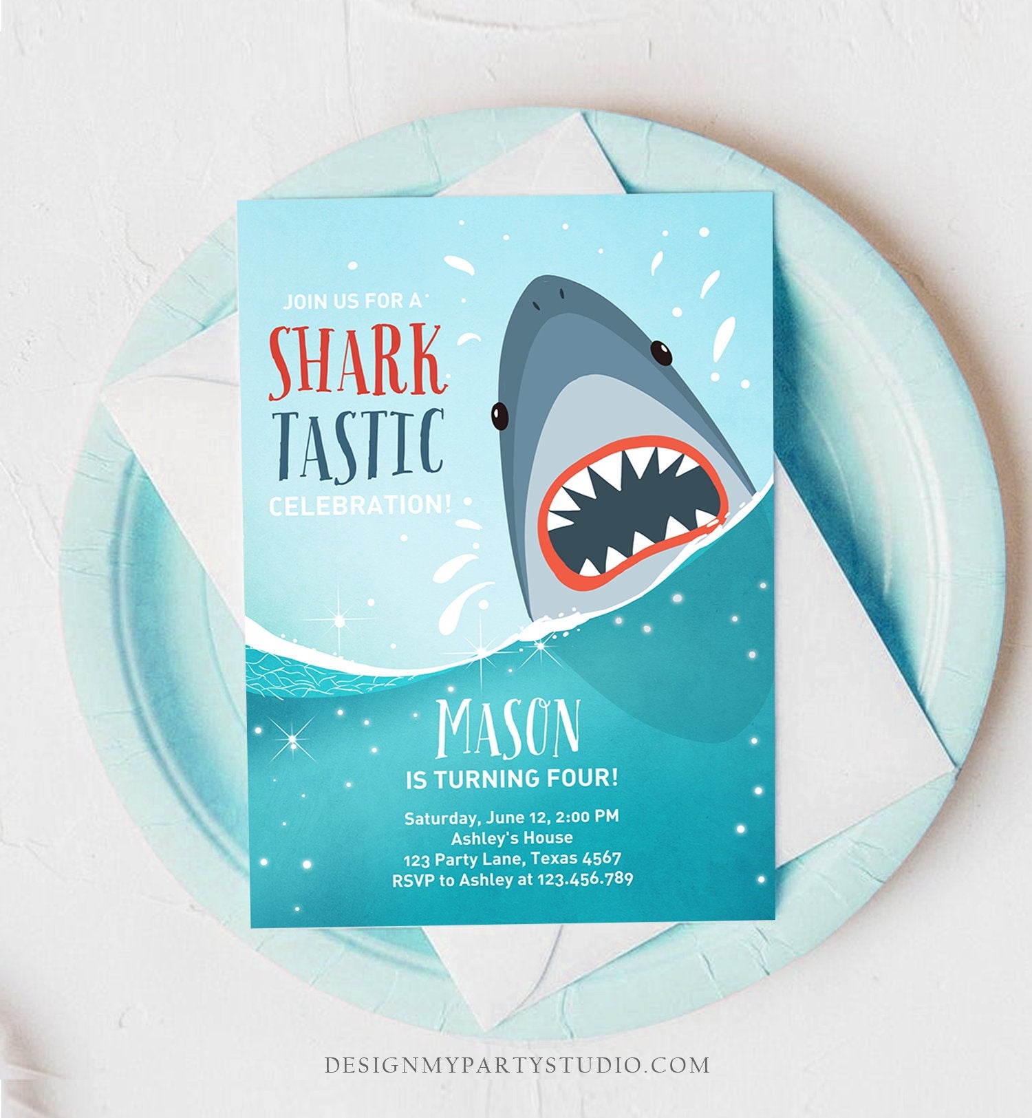 Editable Shark Birthday Invitation Shark Invitation Fintastic Shark Party SharkTastic Celebration Boy Download Printable Template Corjl 0089