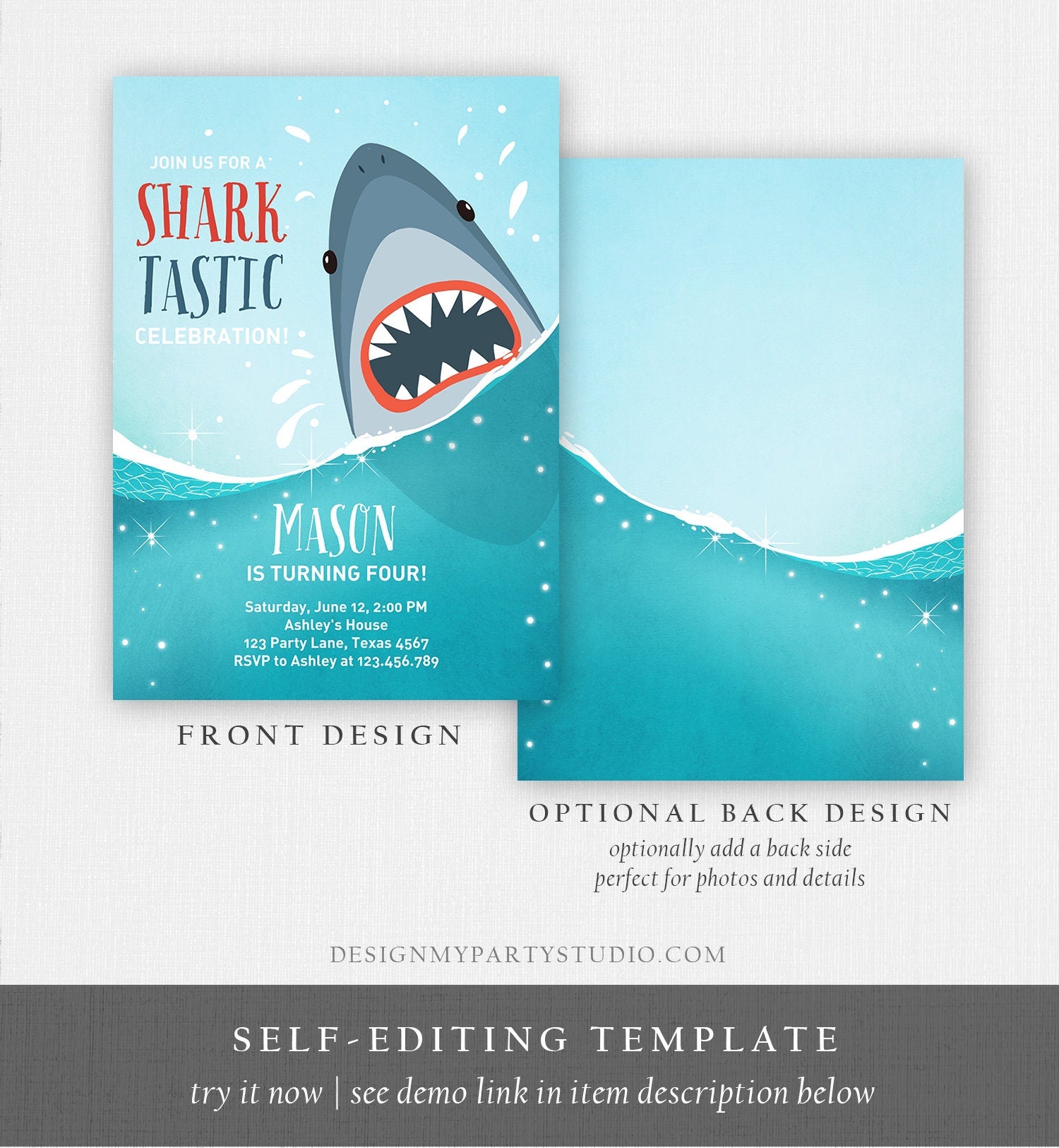 Editable Shark Birthday Invitation Shark Invitation Fintastic Shark Party SharkTastic Celebration Boy Download Printable Template Corjl 0089