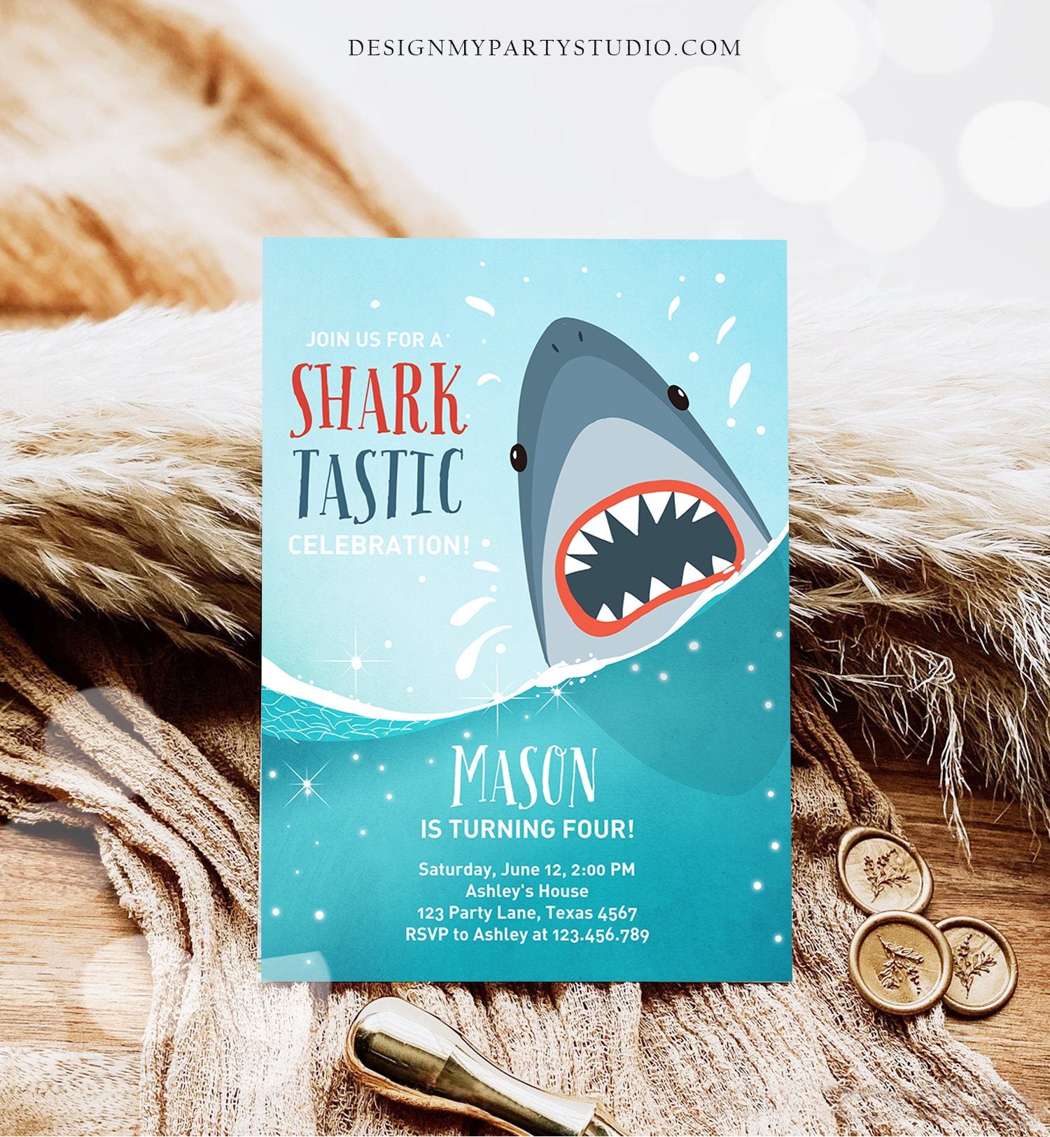 Editable Shark Birthday Invitation Shark Invitation Fintastic Shark Party SharkTastic Celebration Boy Download Printable Template Corjl 0089