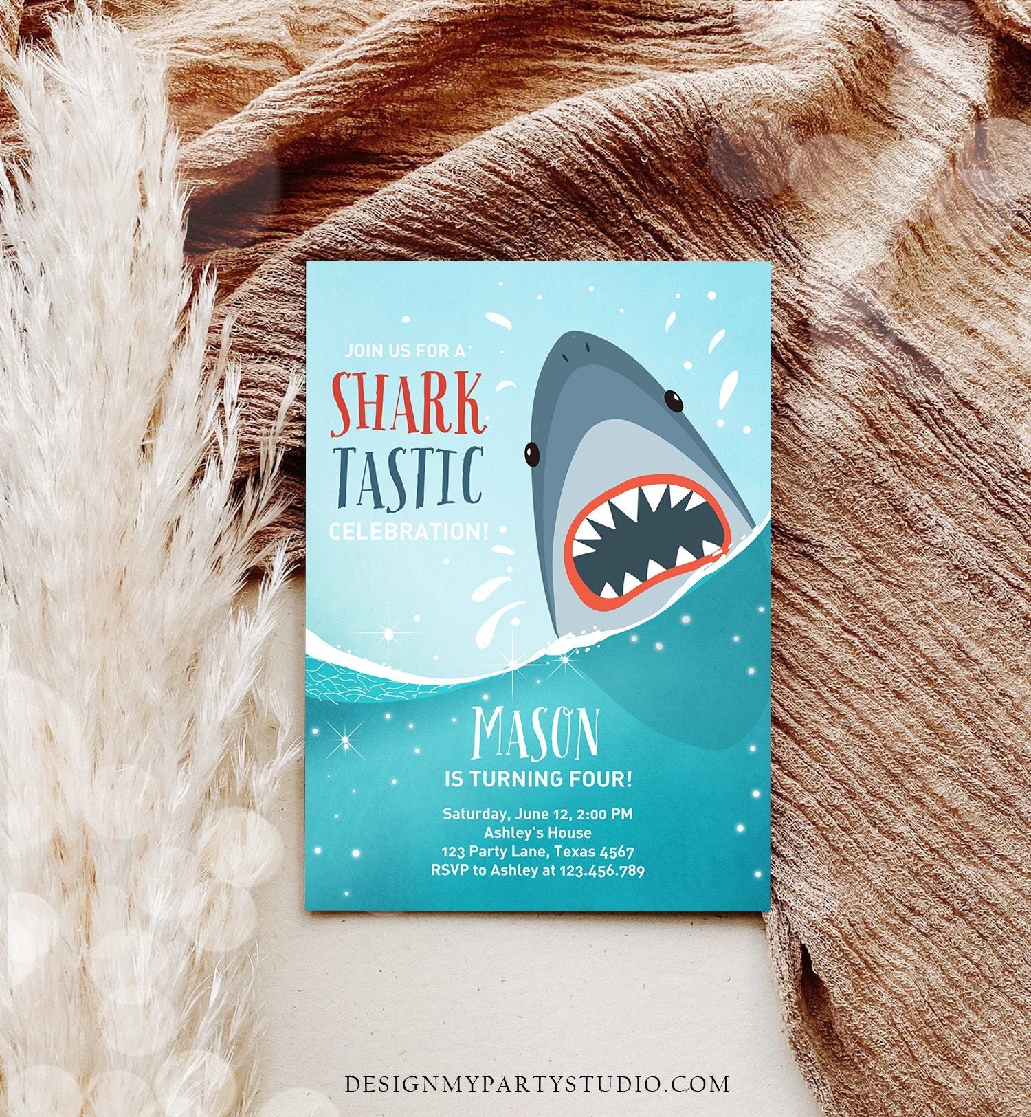 Editable Shark Birthday Invitation Shark Invitation Fintastic Shark Party SharkTastic Celebration Boy Download Printable Template Corjl 0089