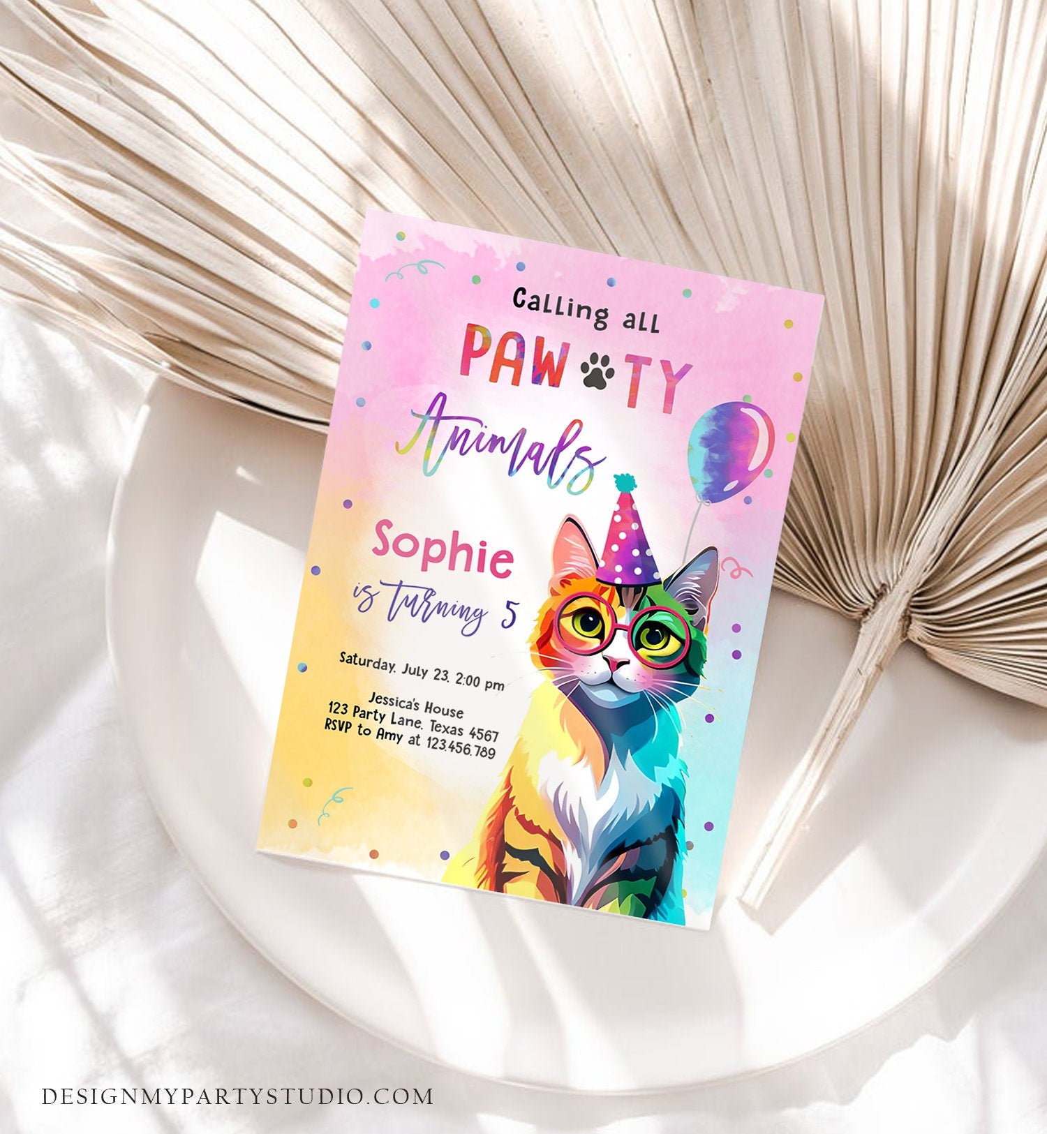 Editable Cat Birthday Party Invitation Kitten Birthday Invite Calling All Pawty Animals Party Animals Download Printable Template Corjl 0476