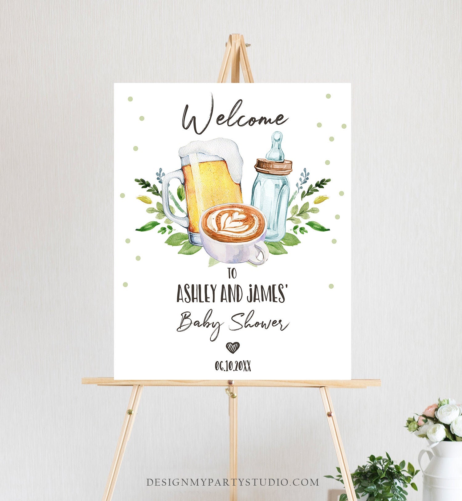 Editable A Baby is Brewing Welcome Sign Brewing Baby Shower Bottle and Beers Coed Couples Cappuccino Coffee Neutral Template Printable 0190