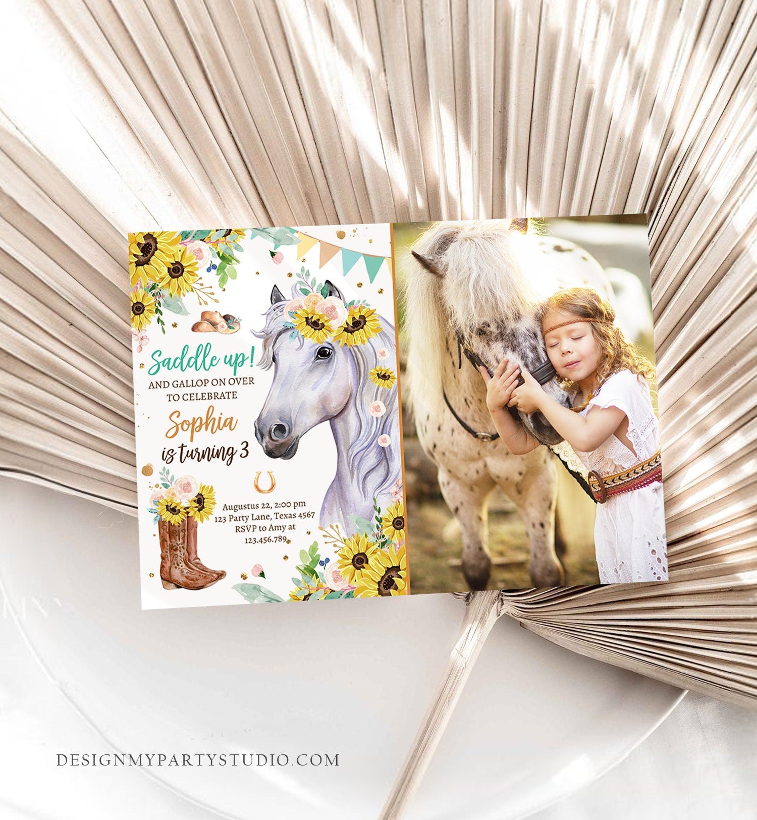 Editable Cowgirl Birthday Invitation Girl Saddle Up Watercolor Horse Party Horse Birthday Sunflowers Digital Evite Template Printable 0408