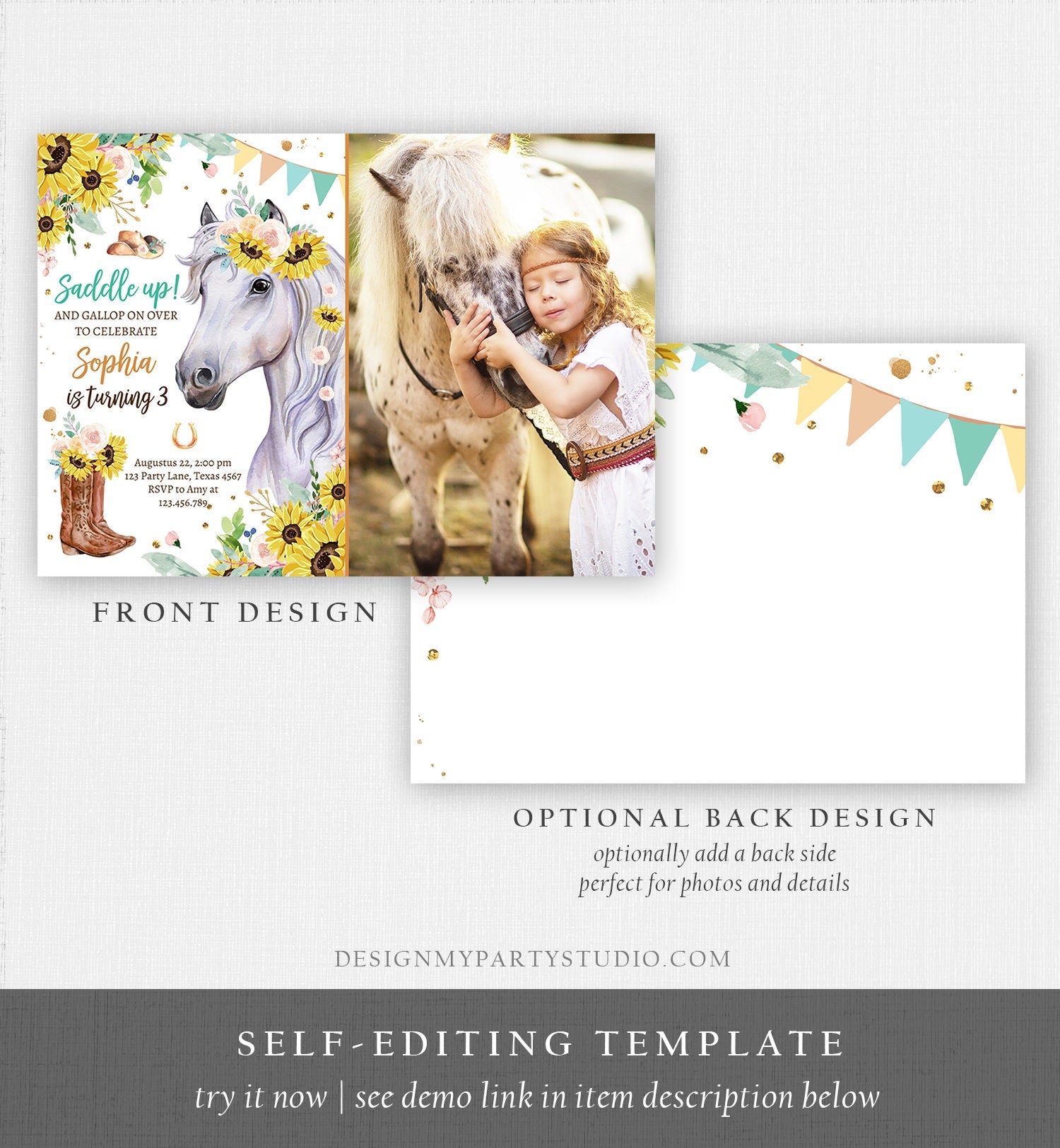 Editable Cowgirl Birthday Invitation Girl Saddle Up Watercolor Horse Party Horse Birthday Sunflowers Digital Evite Template Printable 0408