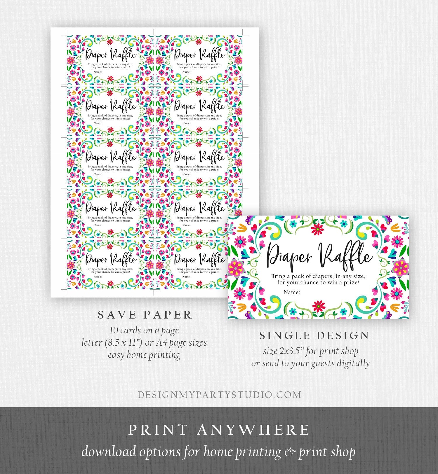 Editable Diaper Raffle Ticket Floral Fiesta Baby Shower Diaper Game Succulent Diaper Ticket Flowers Game Corjl Template Printable 0466