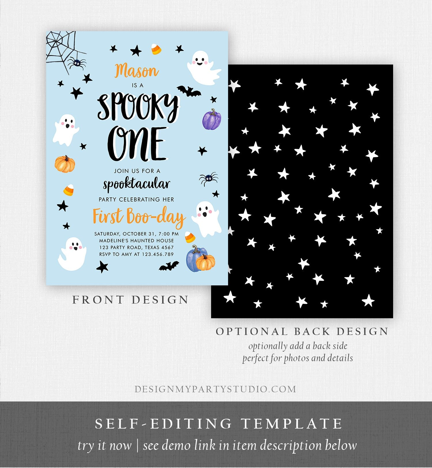 Editable Halloween 1st Birthday Invitation Boy Blue Ghost Costume Party Kids Spooky One First Download Printable Template Corjl 0009 0418