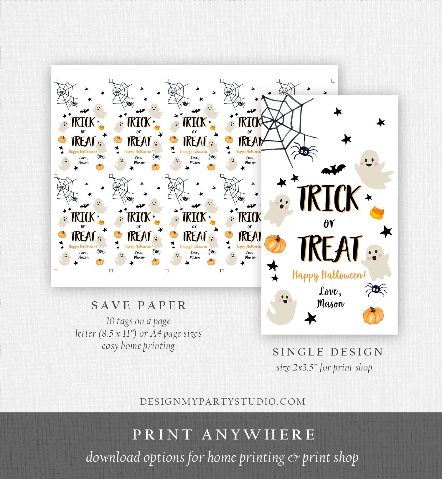 Editable Halloween Birthday Thank You Favor Tags Costume Party Trick or Treat Spooktacular Ghost Download Printable Template Corjl 0418
