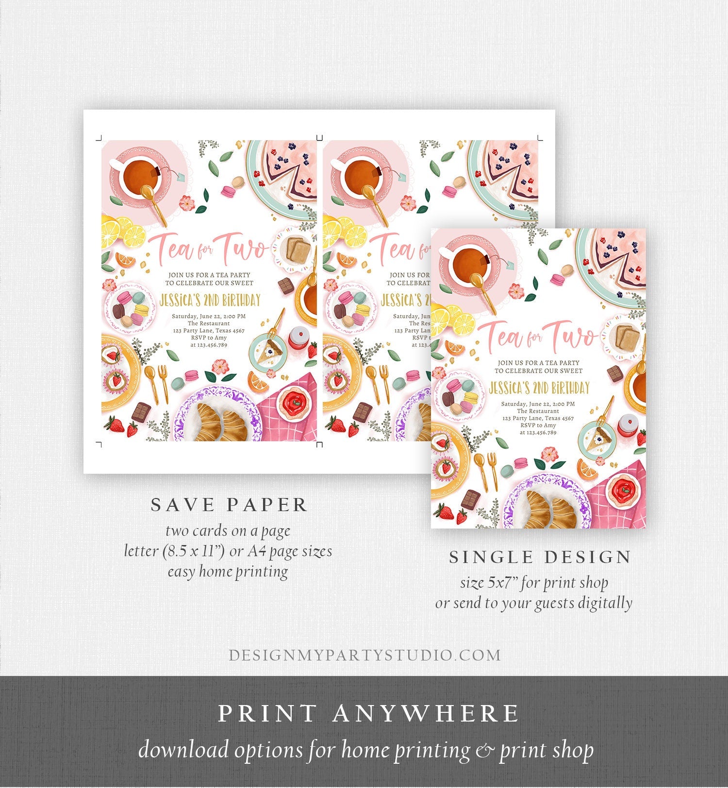 Editable Tea for Two Birthday Invitation Girl Tea Party Invite Pink Gold Floral Peach Pink Download Printable Template Corjl Digital 0478