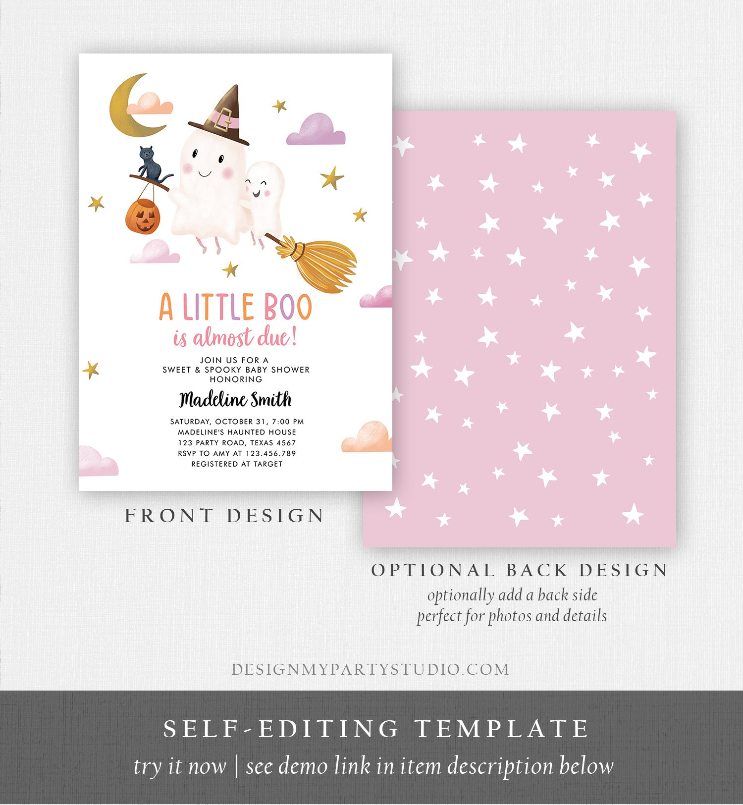Editable Little Boo Baby Shower Invitation Cute Halloween Baby Boo Almost Due Couples Shower Pink Ghost Girl Template Printable 0479 0009