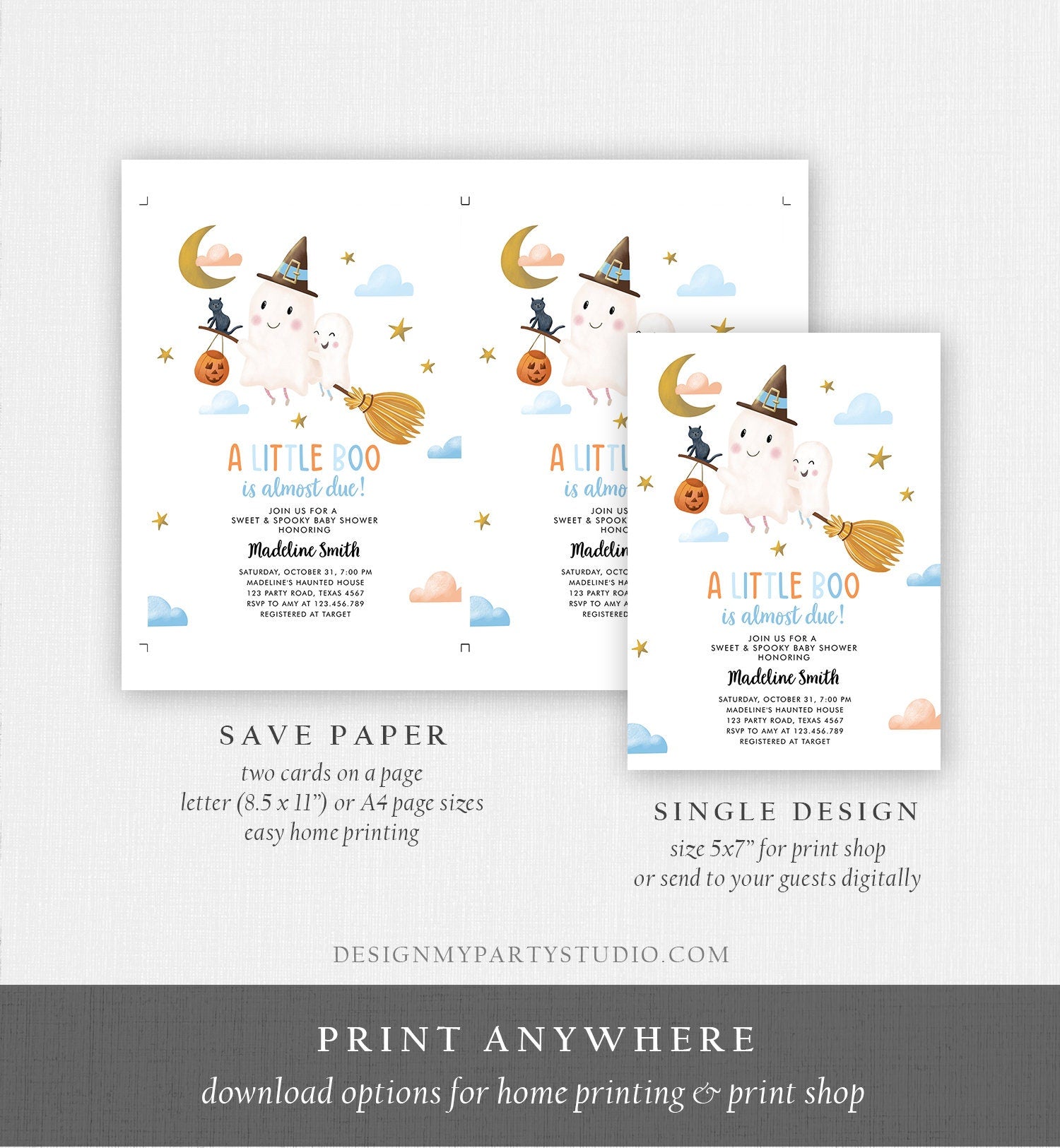 Editable Little Boo Baby Shower Invitation Cute Halloween Baby Boo Almost Due Couples Shower Blue Ghost Boy Digital Template Printable 0479