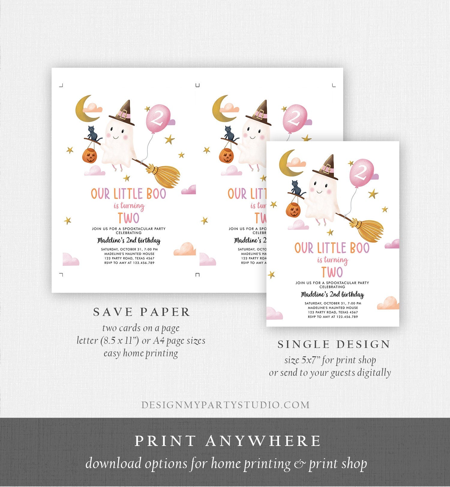 Editable Halloween 2nd Birthday Invitation Pink Ghost Costume Party Girl Pink Boo Spooktacular Spooky Download Template Printable 0479 0009