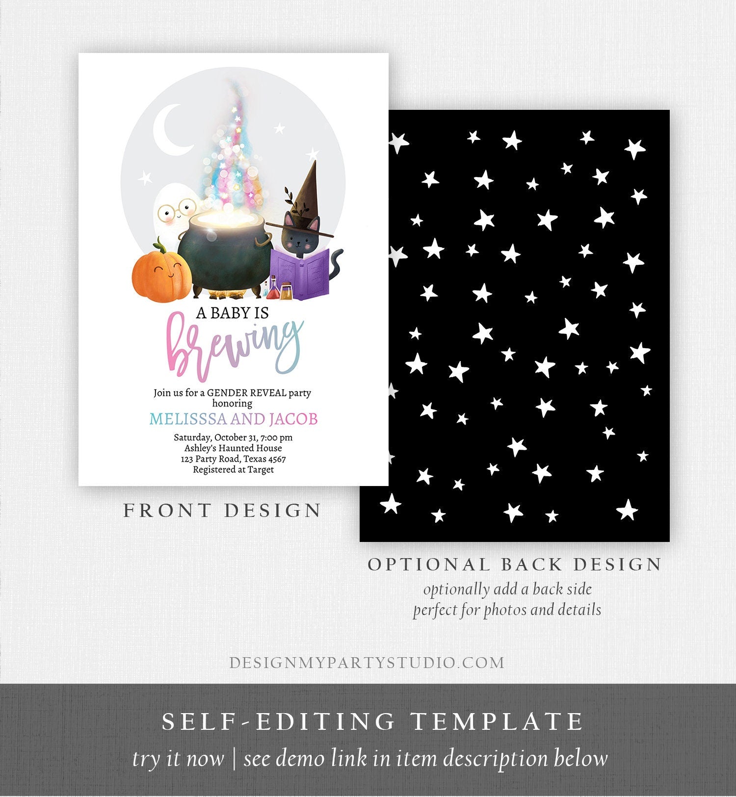 Editable A Baby is Brewing Halloween Gender Reveal Invitation Gender Spooky He or She Fall Digital Evite Template Printable 0480 0009