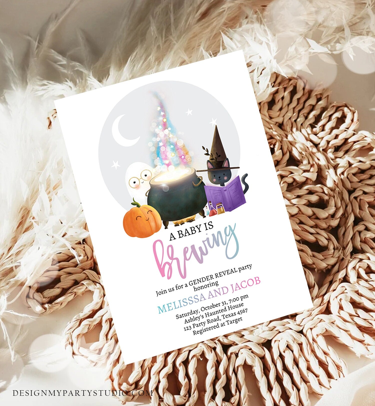 Editable A Baby is Brewing Halloween Gender Reveal Invitation Gender Spooky He or She Fall Digital Evite Template Printable 0480 0009