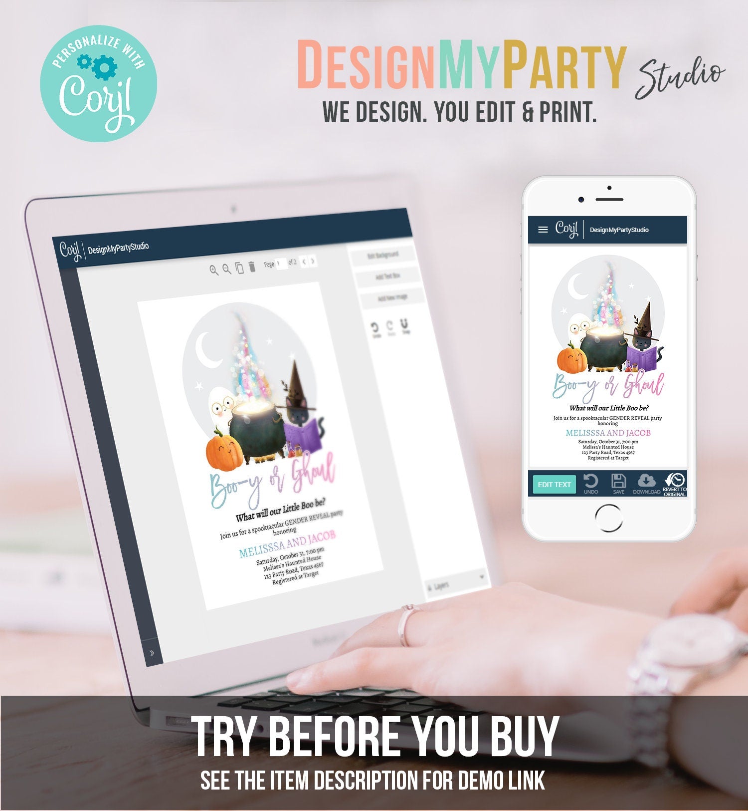 Editable Halloween Gender Reveal Invitation Little Boo Ghost Boo-y or Ghoul Pink Blue Ghost Halloween Digital Template Printable 0480 0009