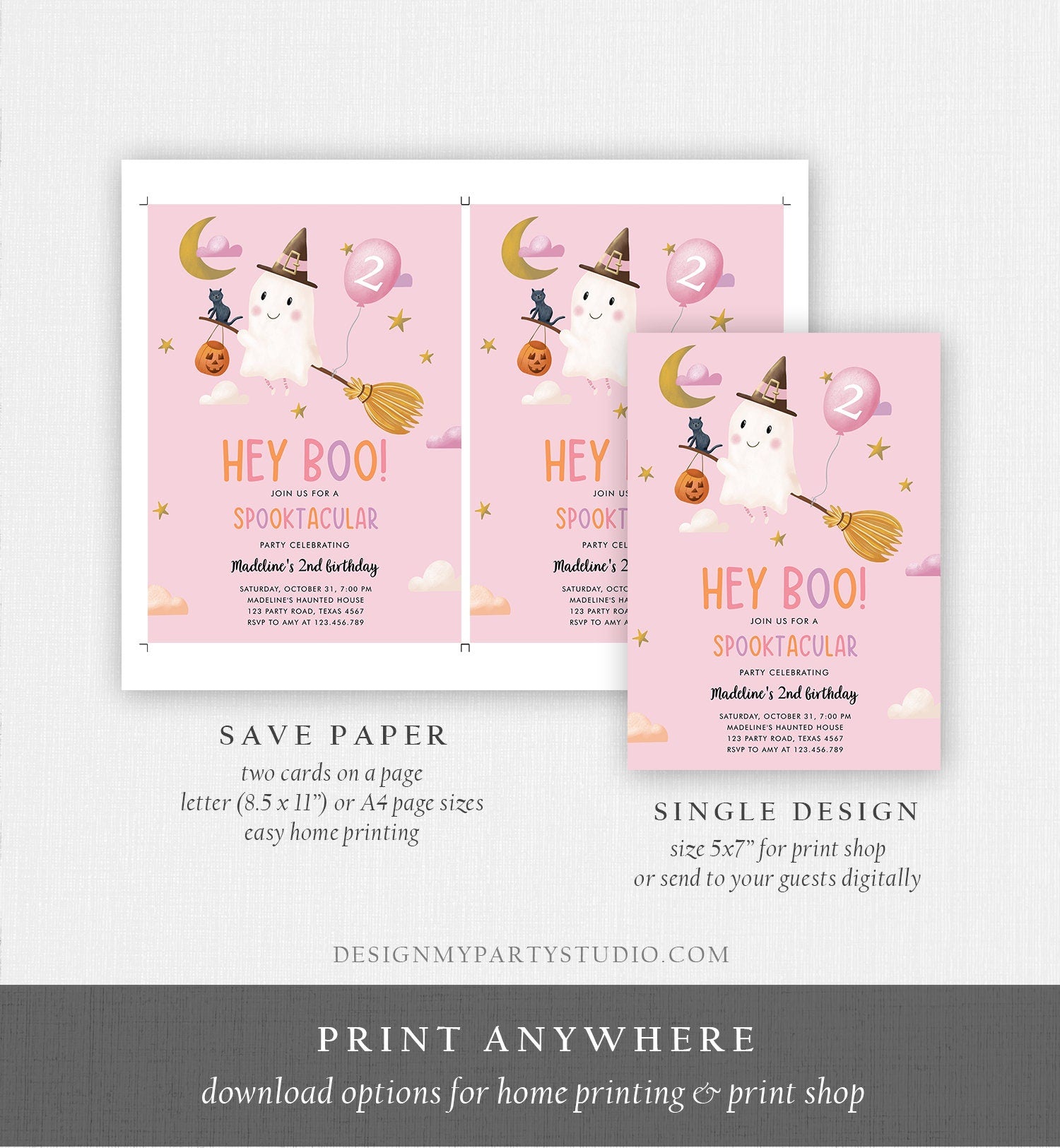 Editable Halloween Birthday Invitation Girl Ghost Costume Party Pink Spooktacular Spooky Hey Boo Digital Download Template Printable 0479